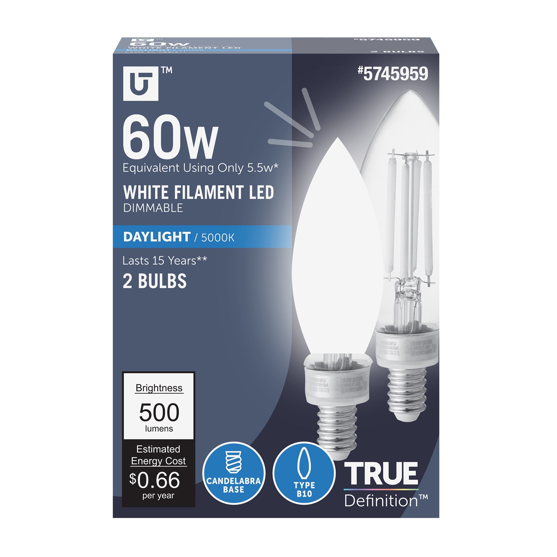 slide 1 of 6, Utilitech White Filament 60 -Watt EQ B11 Daylight Candelabra base (E-12) LED General purpose Light Bulb 2 -Pack, 1 ct
