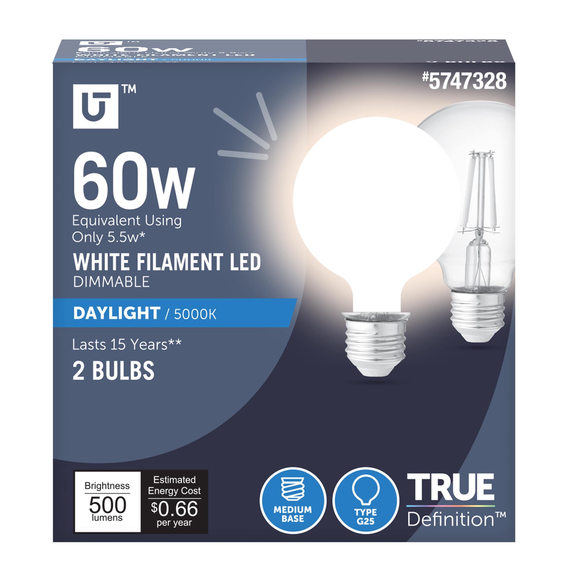 slide 1 of 6, Utilitech White Filament 60 -Watt EQ G25 Daylight E26 Dimmable LED General purpose Light Bulb 2 -Pack, 1 ct