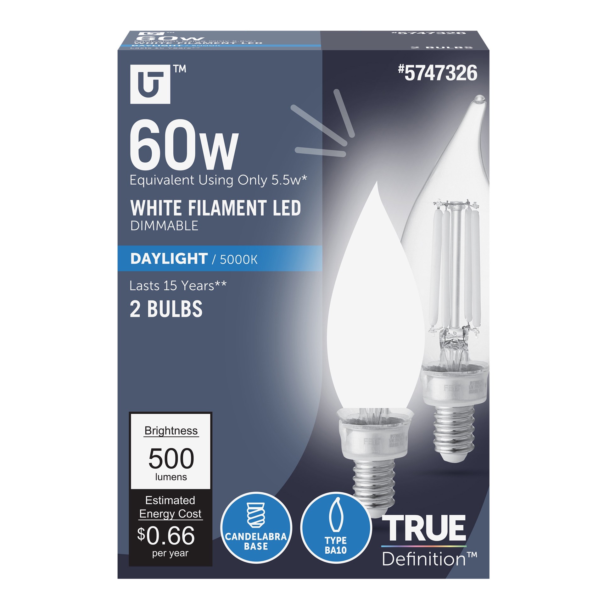 slide 1 of 6, Utilitech White Filament 60 -Watt EQ CA11 Daylight Candelabra base (E-12) Dimmable LED General purpose Light Bulb 2 -Pack, 1 ct