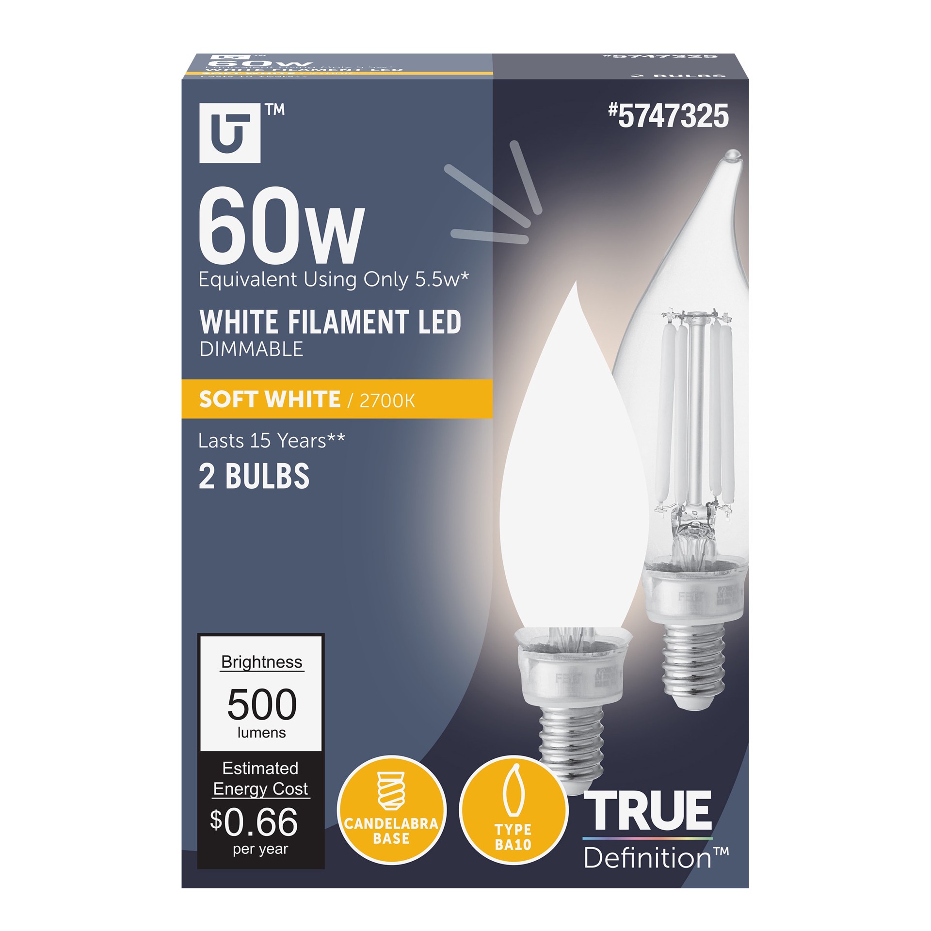 slide 1 of 6, Utilitech White Filament 60 -Watt EQ CA11 Soft white Candelabra base (E-12) Dimmable LED General purpose Light Bulb 2 -Pack, 1 ct