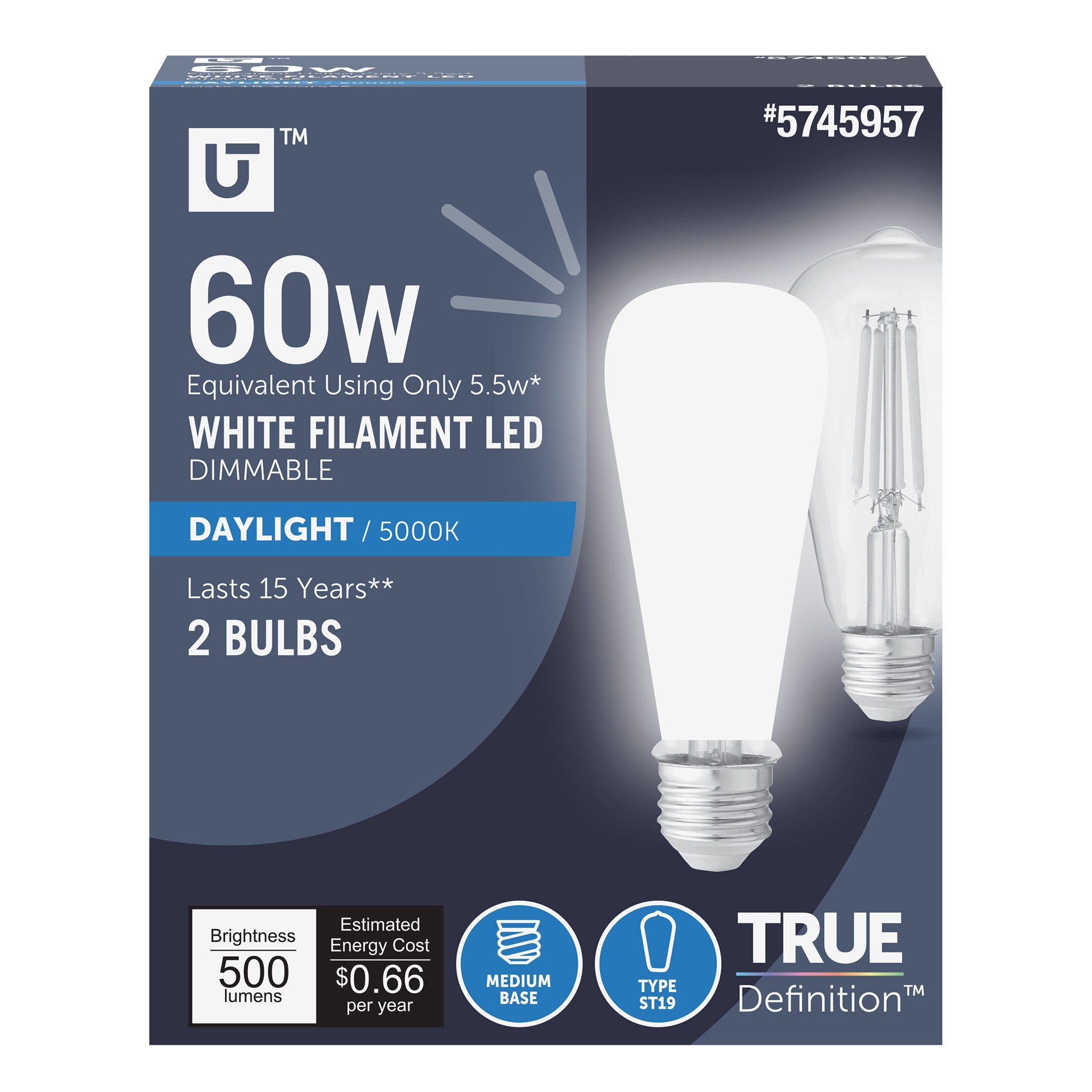 slide 1 of 6, Utilitech White Filament 60 -Watt EQ ST19 Daylight E26 Dimmable LED General purpose Light Bulb 2 -Pack, 1 ct