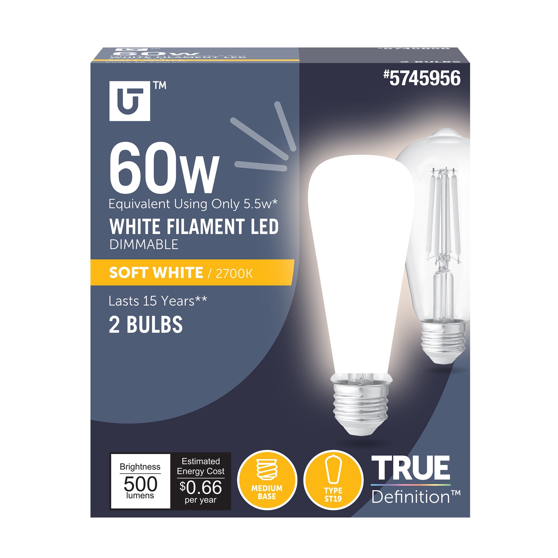 slide 1 of 6, Utilitech White Filament 60 -Watt EQ ST19 Soft white E26 Dimmable LED General purpose Light Bulb 2 -Pack, 1 ct