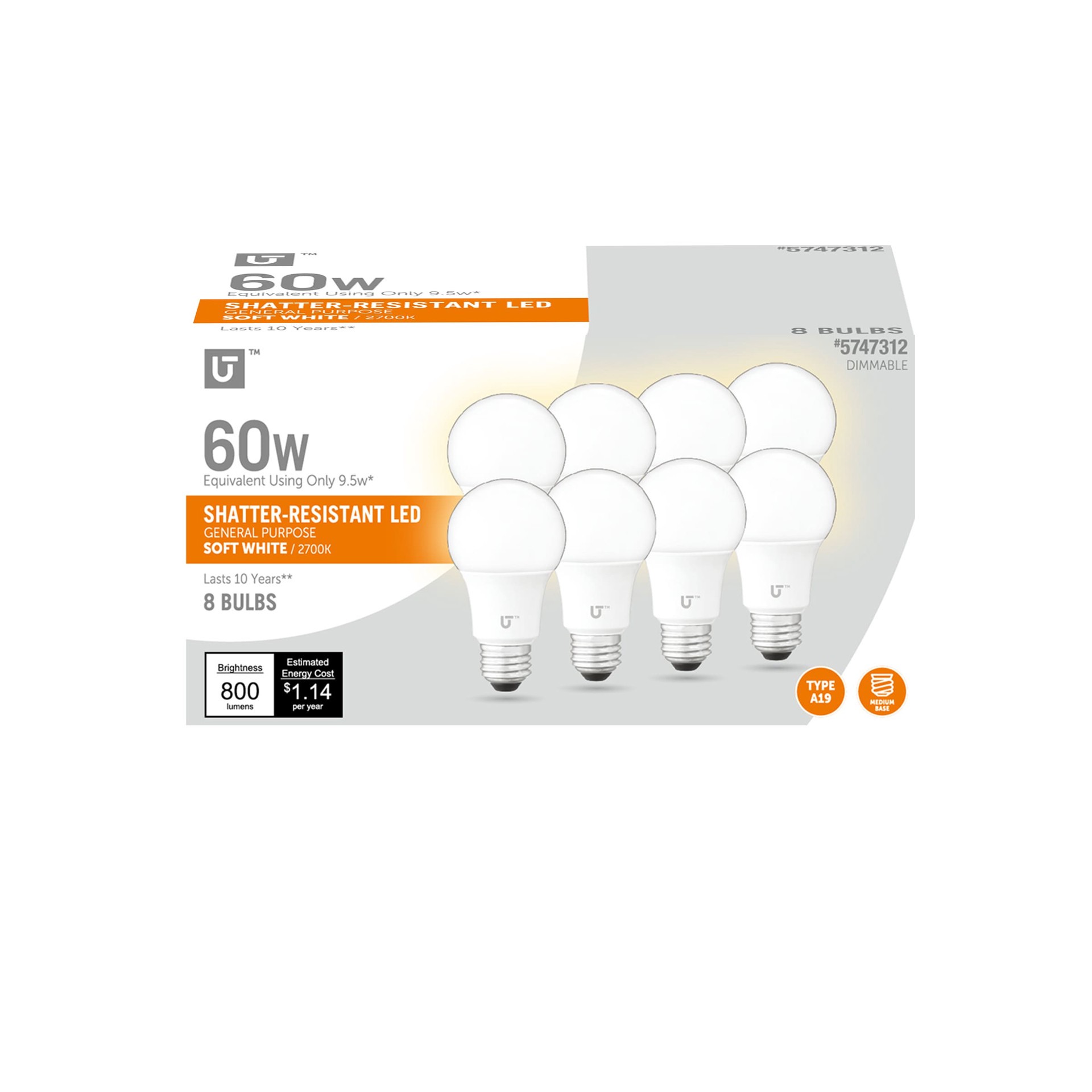 slide 1 of 6, Utilitech 60 -Watt EQ A19 Soft white Medium base (E-26) Dimmable LED General purpose Light Bulb 8 -Pack, 1 ct