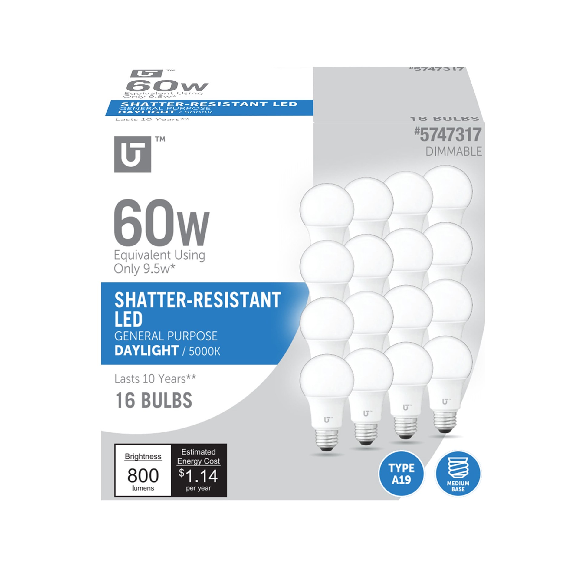 slide 1 of 6, Utilitech 60 -Watt EQ A19 Daylight Medium base (E-26) Dimmable LED General purpose Light Bulb 16 -Pack, 1 ct