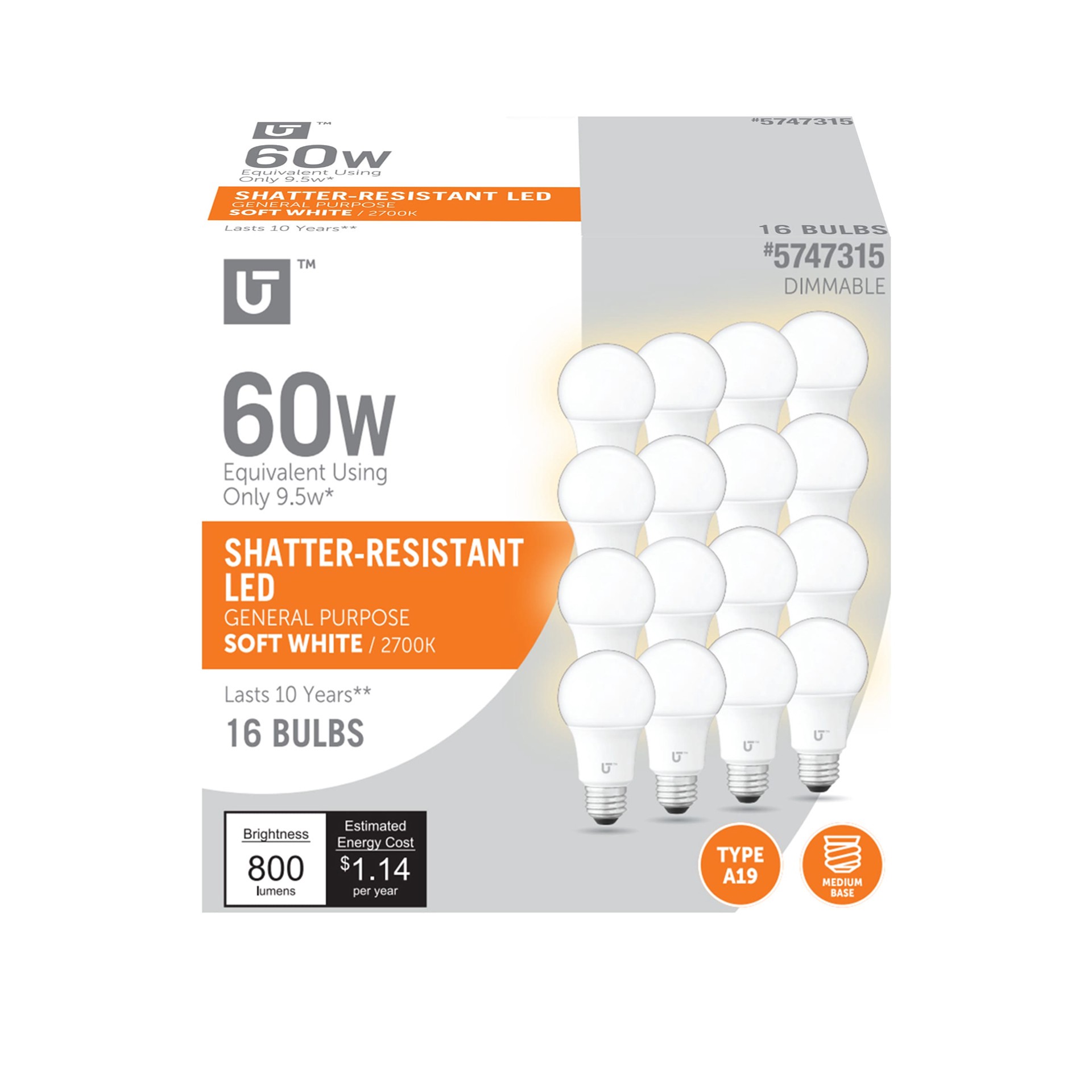 slide 1 of 6, Utilitech 60 -Watt EQ A19 Soft white Medium base (E-26) Dimmable LED General purpose Light Bulb 16 -Pack, 1 ct