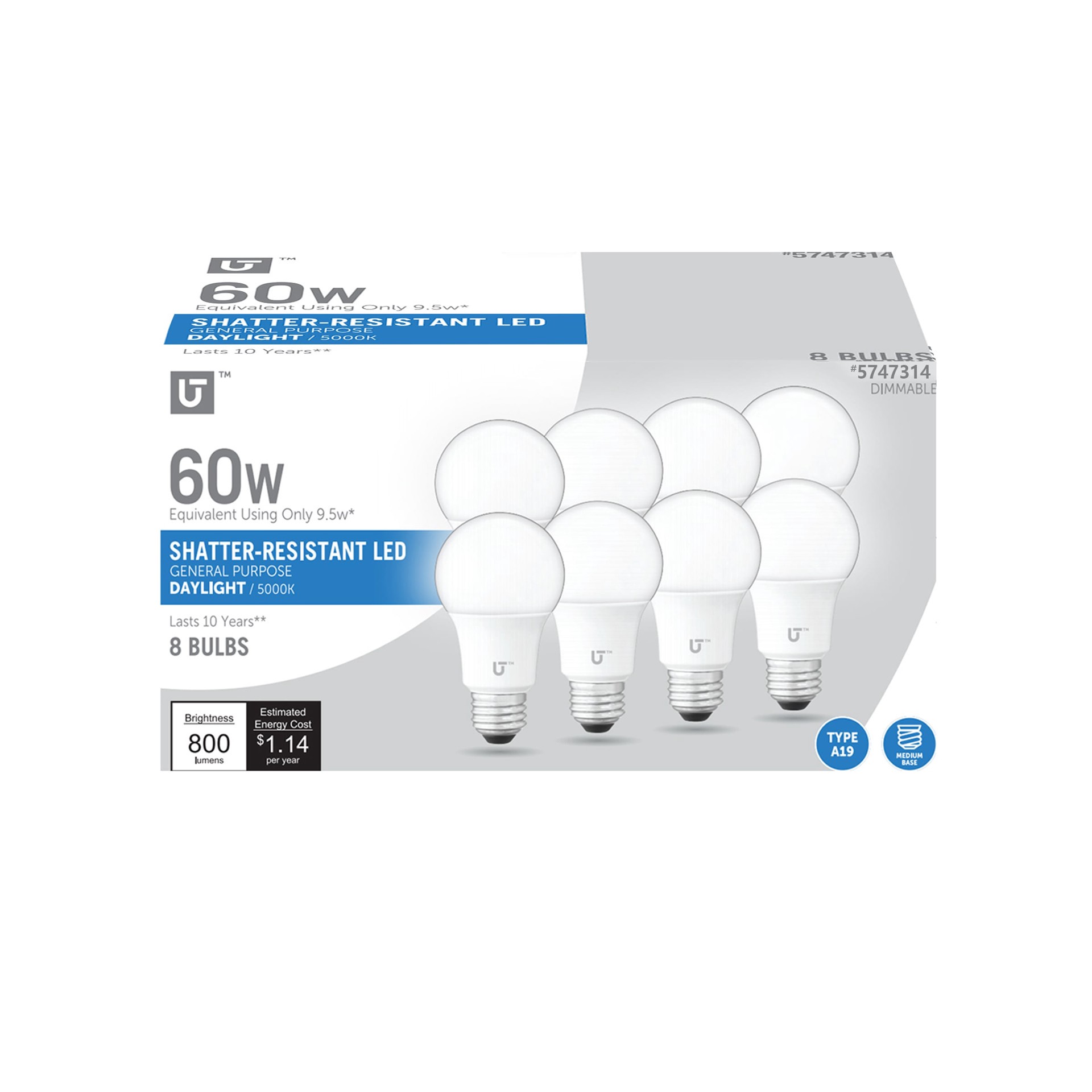 slide 1 of 6, Utilitech 60 -Watt EQ A19 Daylight Medium base (E-26) Dimmable LED General purpose Light Bulb 8 -Pack, 1 ct