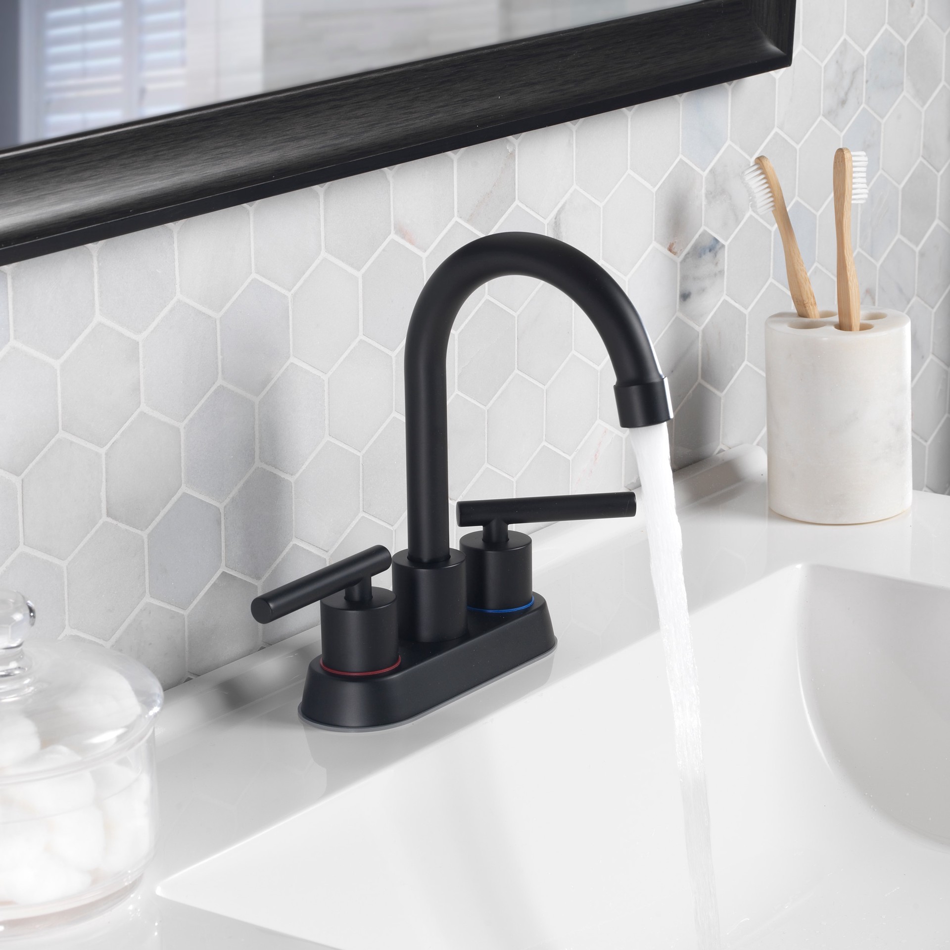 slide 5 of 6, Project Source Larton Matte Black 4-in centerset 2-handle WaterSense High-arc Residential Handle Bathroom Sink Faucet with Drain with Deck Plate, 1 ct