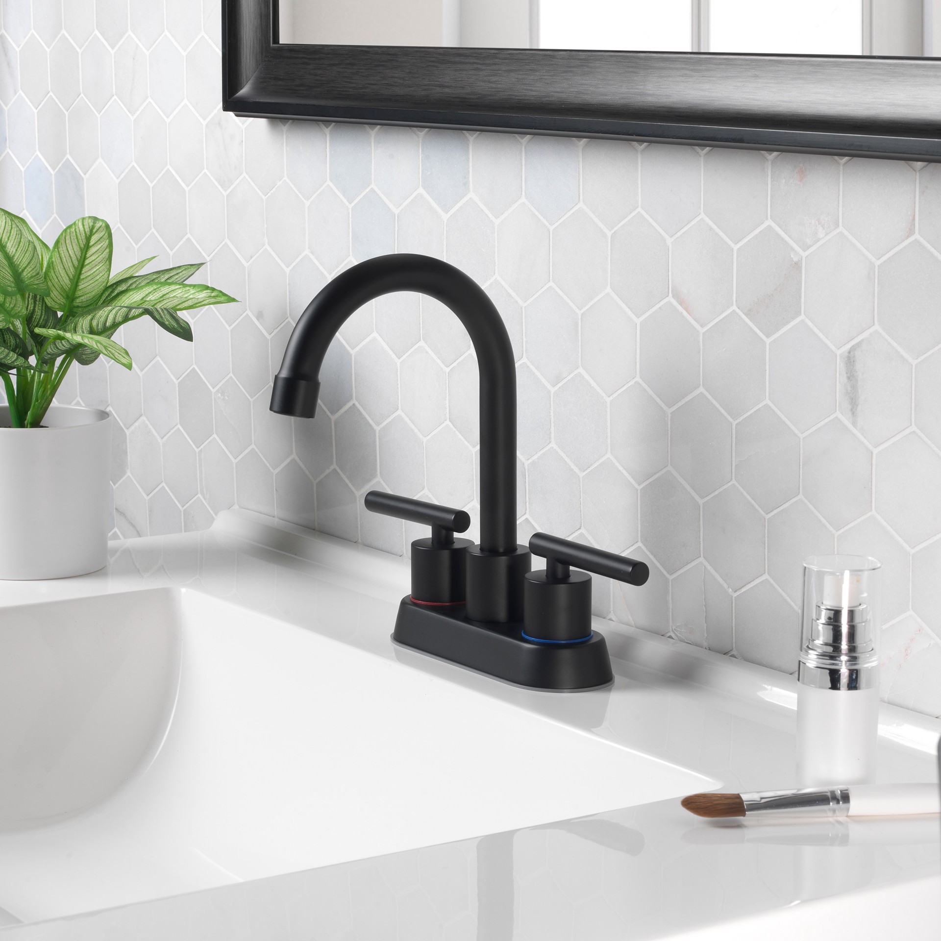 slide 6 of 6, Project Source Larton Matte Black 4-in centerset 2-handle WaterSense High-arc Residential Handle Bathroom Sink Faucet with Drain with Deck Plate, 1 ct