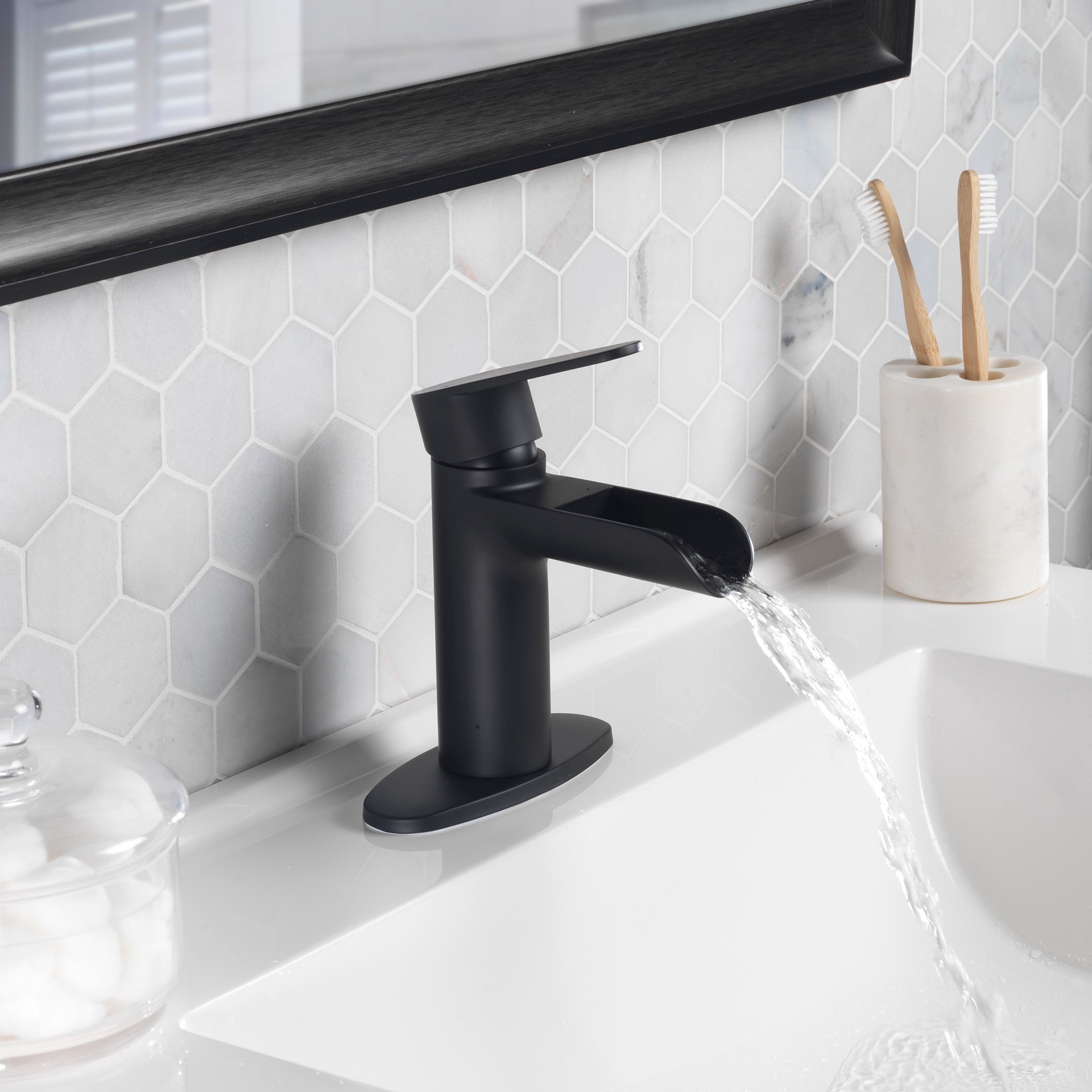 slide 6 of 6, Project Source Haddington Matte Black Single hole 1-handle WaterSense Waterfall Residential Handle Bathroom Sink Faucet with Drain with Deck Plate, 1 ct