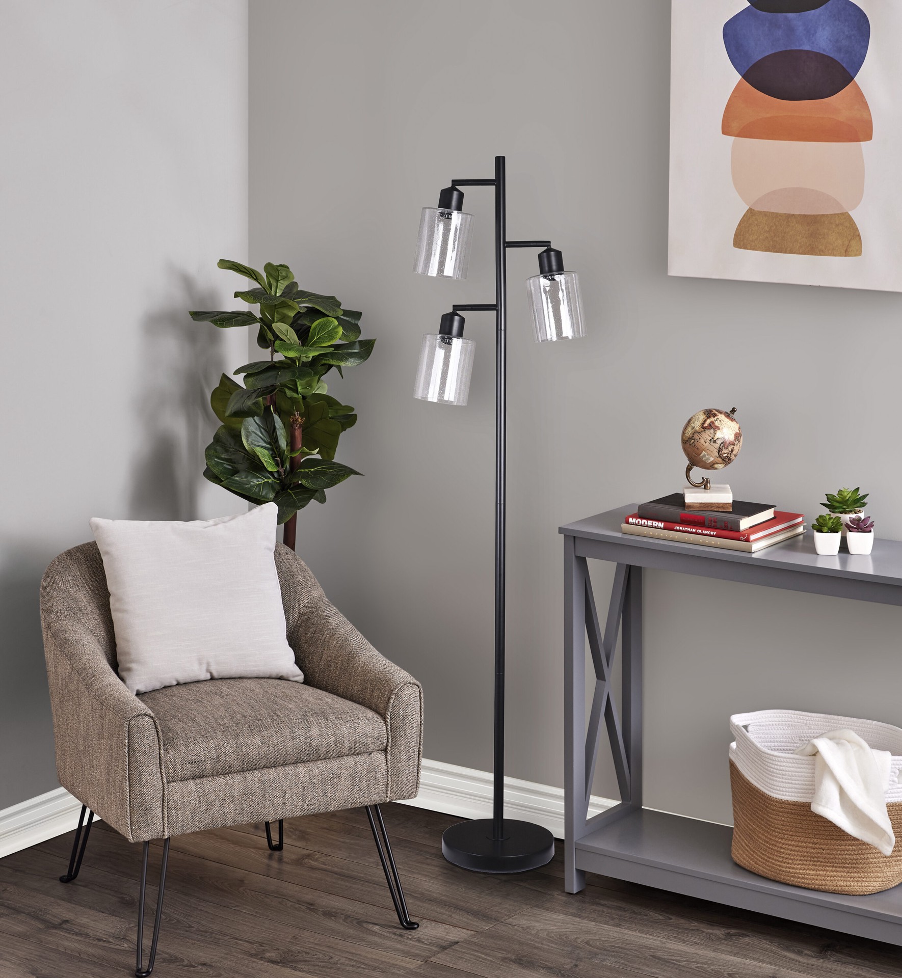 slide 5 of 6, allen + roth 67-in Black Multi-head Floor Lamp with Glass Shade, 1 ct