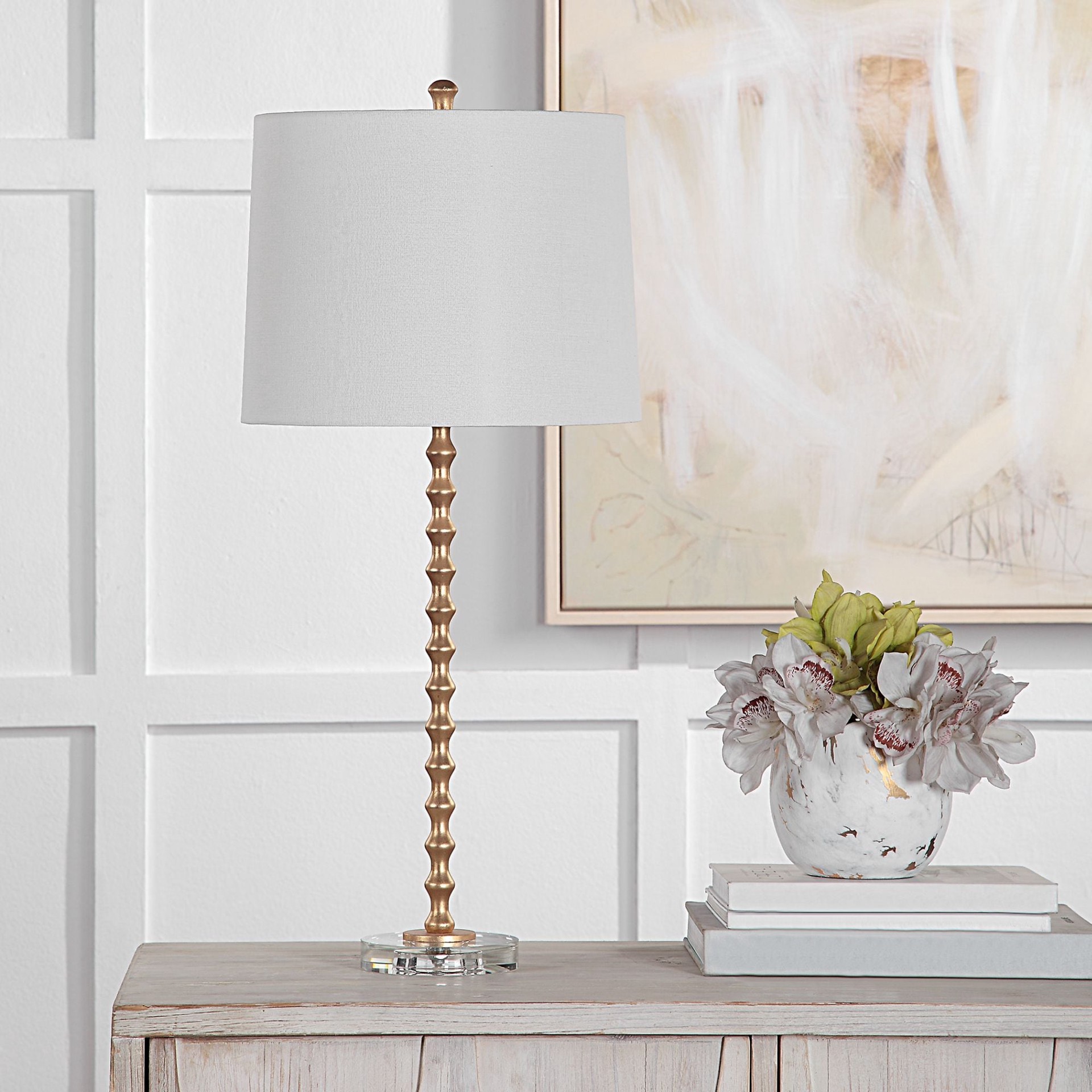 slide 3 of 6, allen + roth 29-in Vibrant gold leaf LED Rotary socket Buffet Table Lamp with Fabric Shade, 1 ct