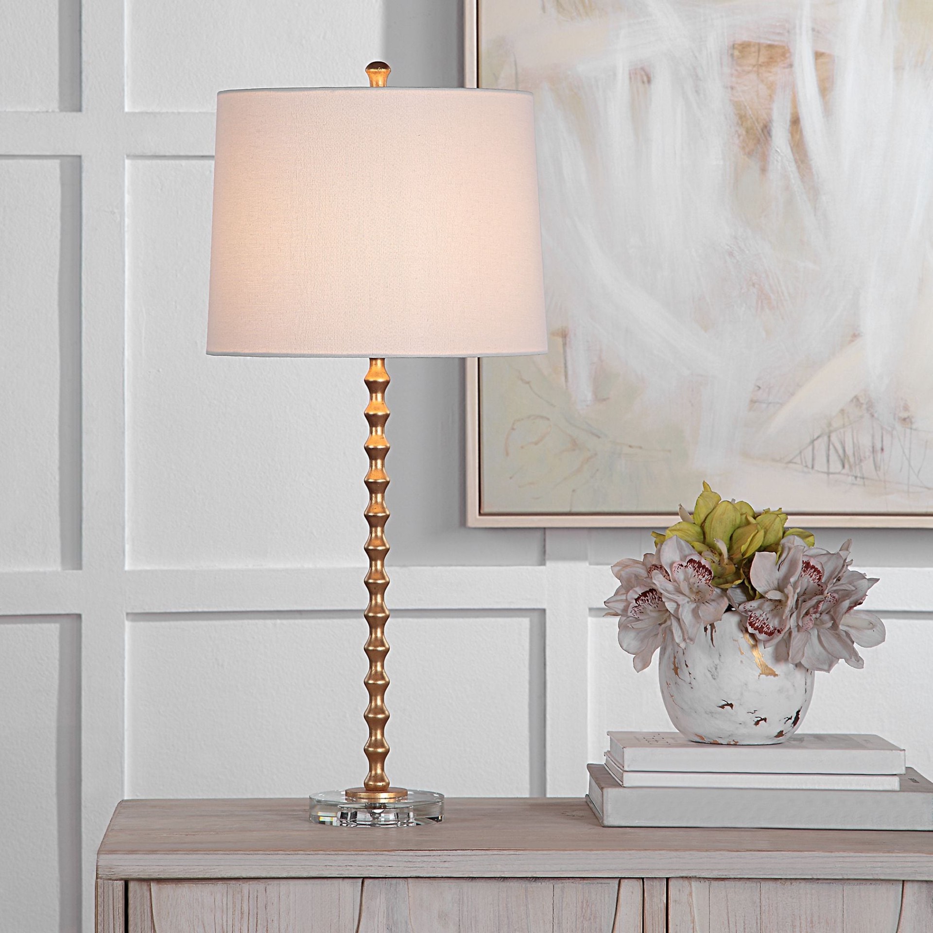 slide 4 of 6, allen + roth 29-in Vibrant gold leaf LED Rotary socket Buffet Table Lamp with Fabric Shade, 1 ct