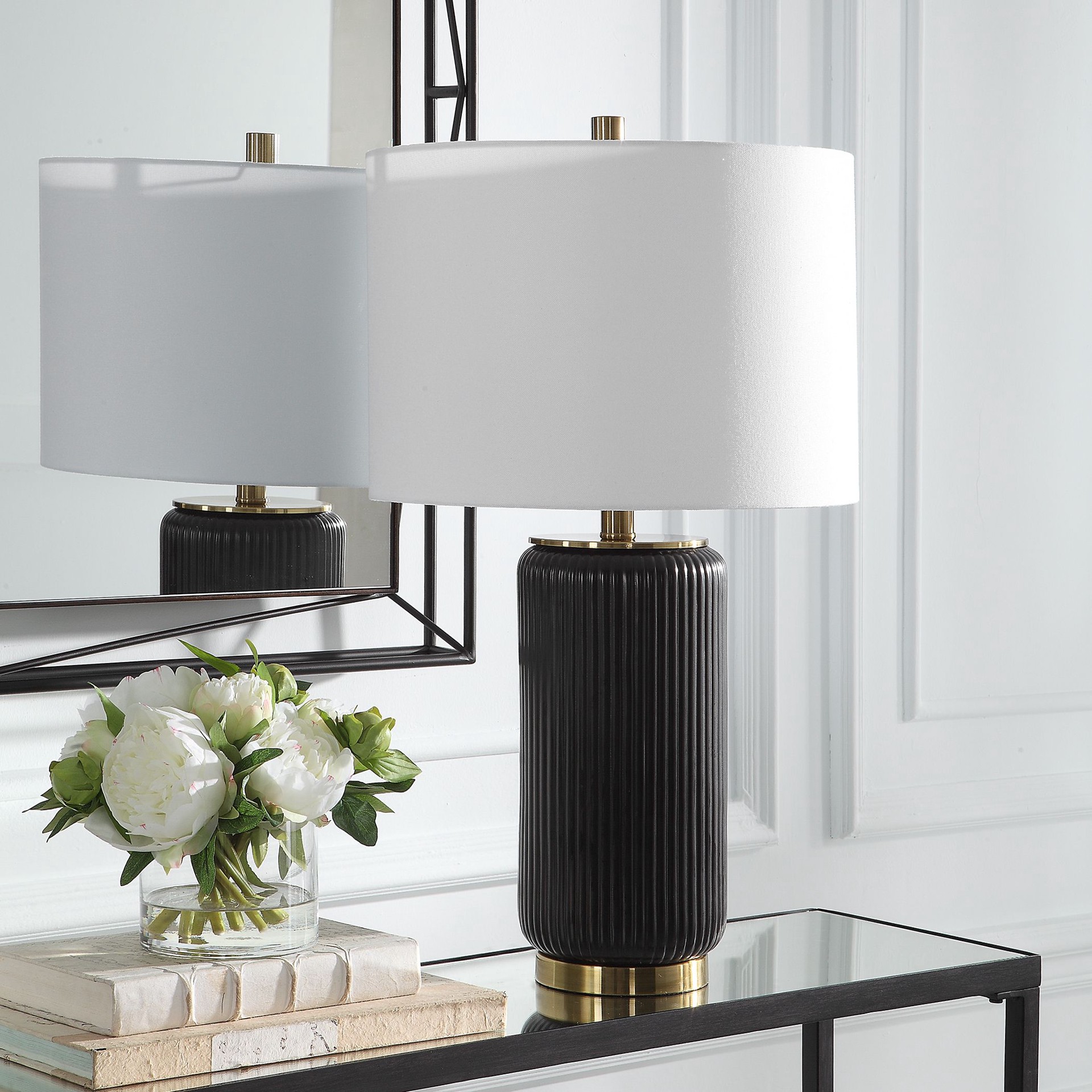 slide 3 of 6, Origin 21 25.5-in Rich black with gold accents LED Rotary socket Table Lamp with Fabric Shade, 1 ct