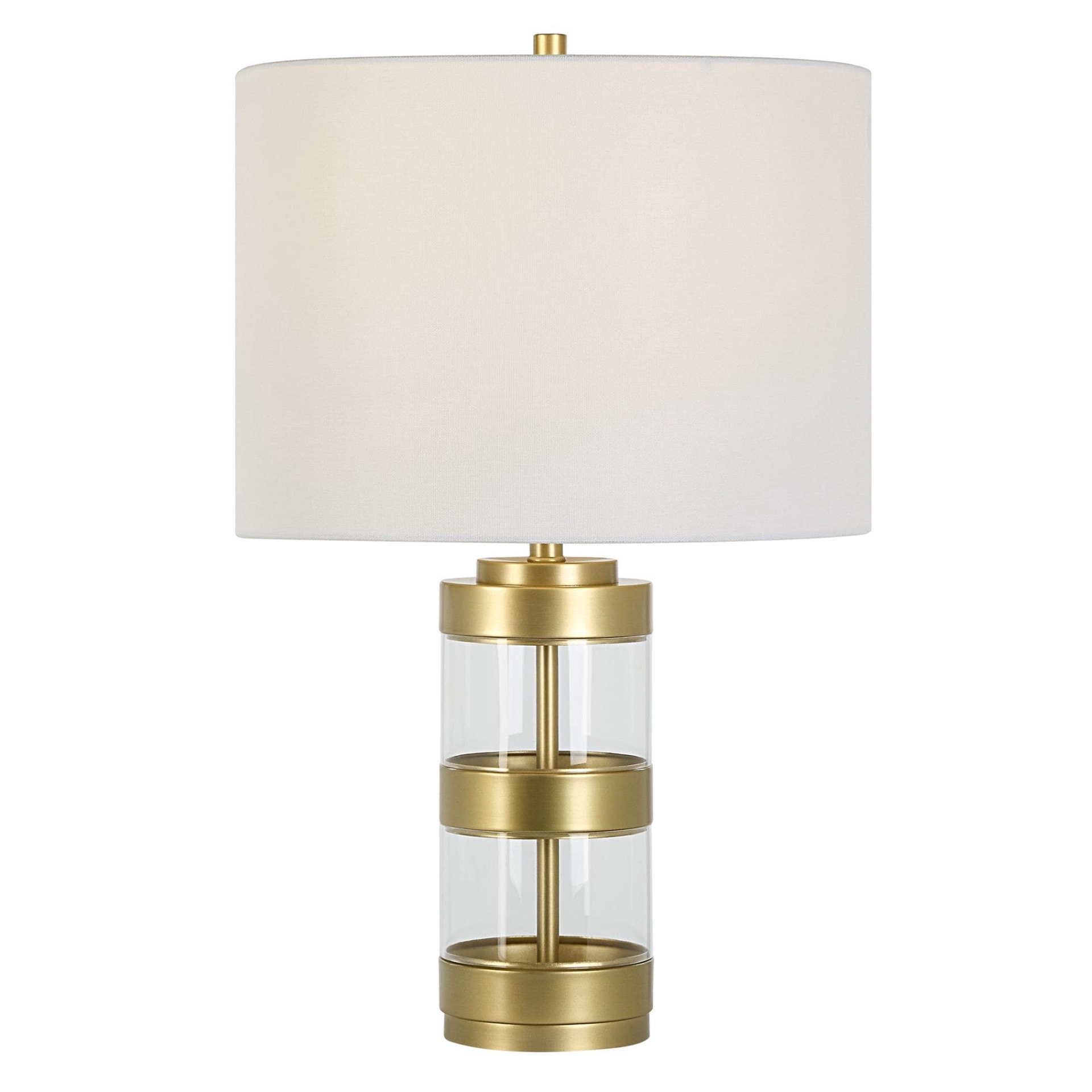 slide 2 of 6, allen + roth 22.25-in Gold and clear acrylic LED Rotary socket Table Lamp with Fabric Shade, 1 ct