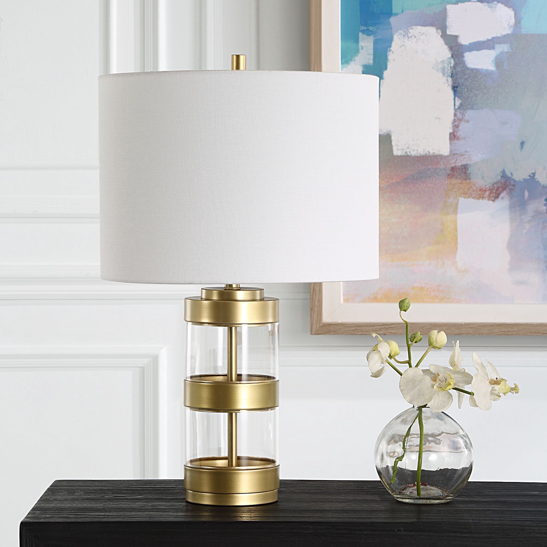 slide 3 of 6, allen + roth 22.25-in Gold and clear acrylic LED Rotary socket Table Lamp with Fabric Shade, 1 ct