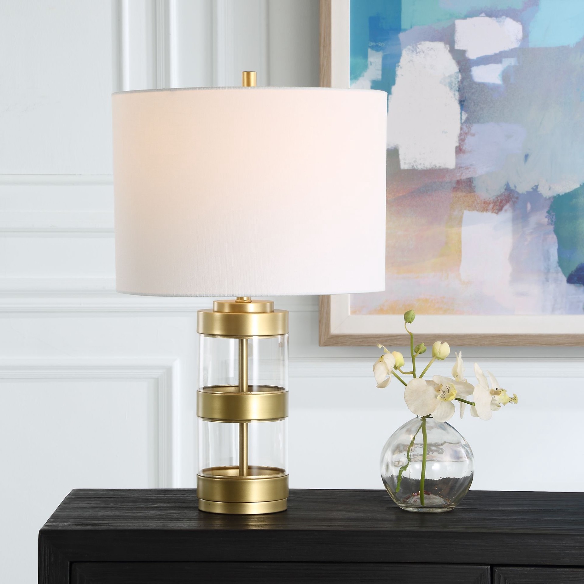 slide 4 of 6, allen + roth 22.25-in Gold and clear acrylic LED Rotary socket Table Lamp with Fabric Shade, 1 ct