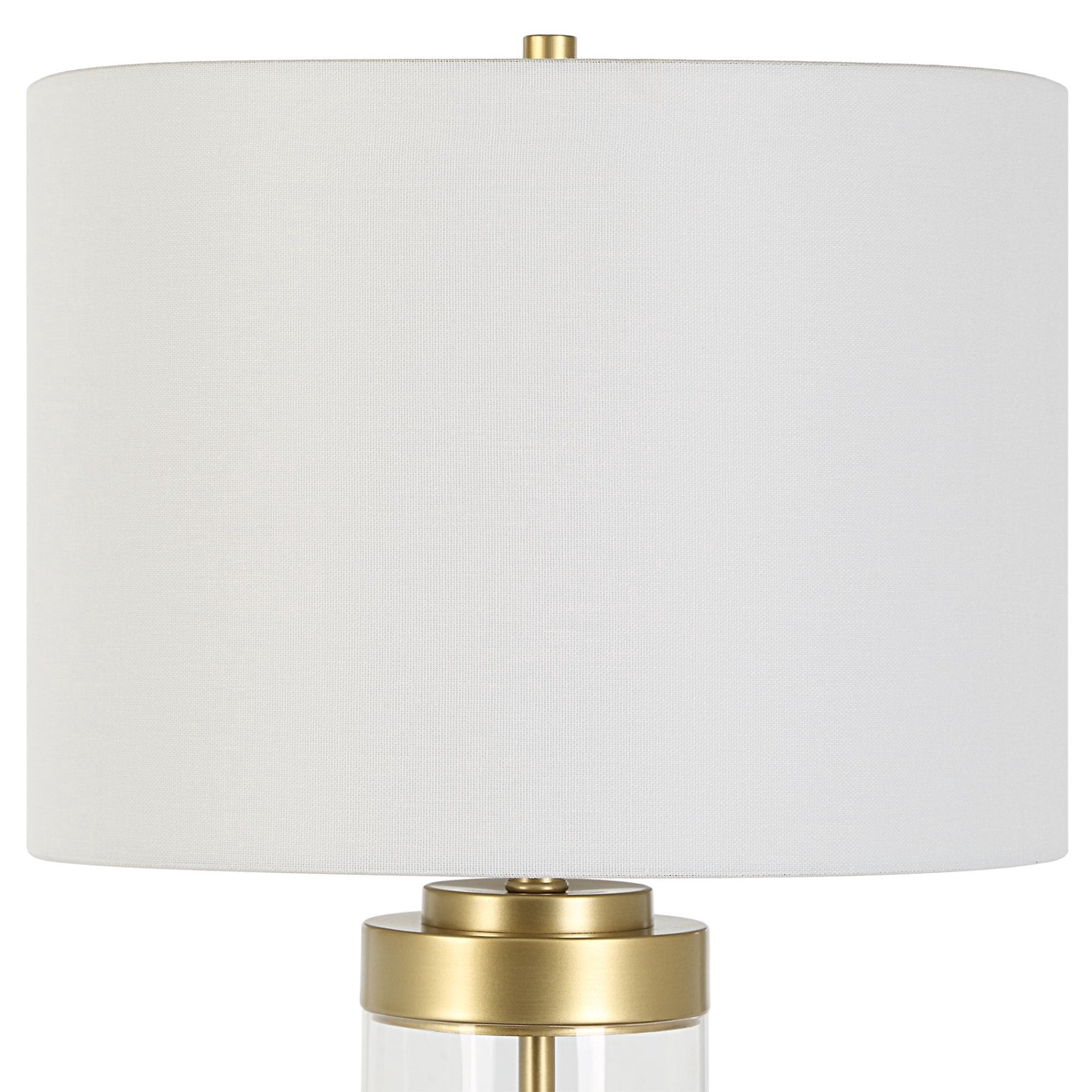 slide 6 of 6, allen + roth 22.25-in Gold and clear acrylic LED Rotary socket Table Lamp with Fabric Shade, 1 ct