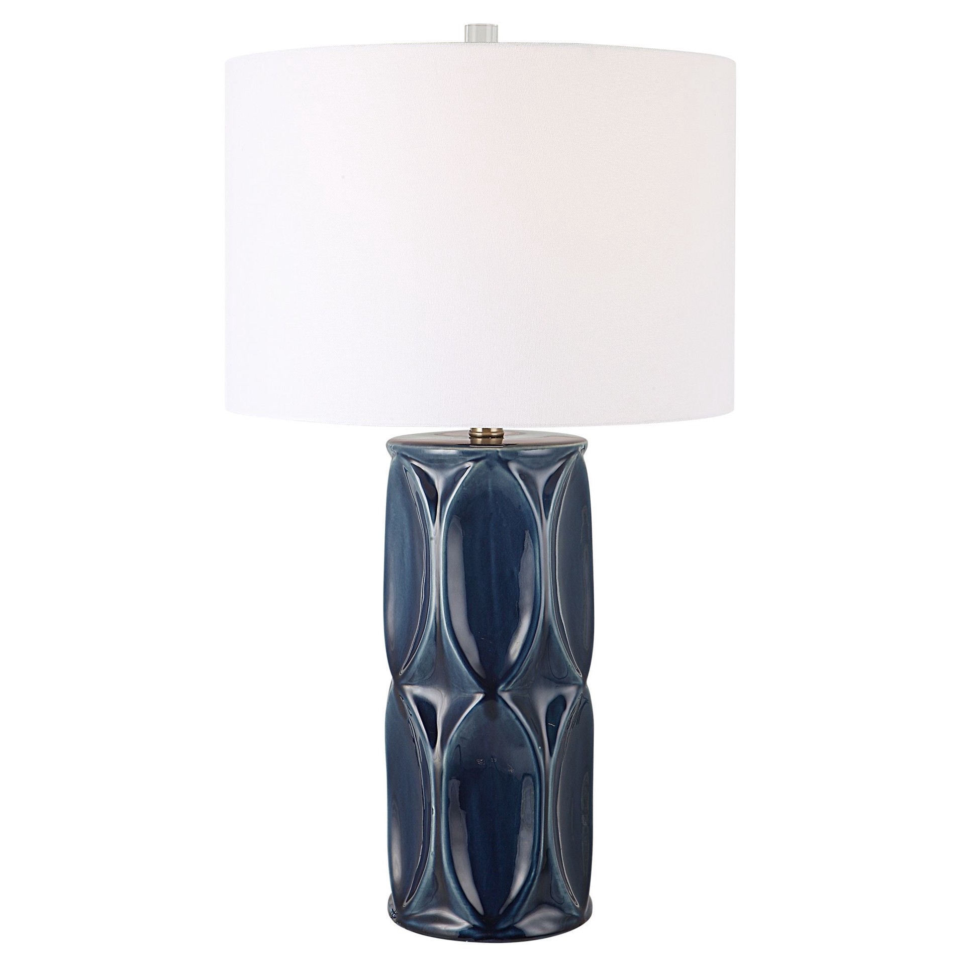 slide 2 of 6, allen + roth 26.5-in Glossy navy blue glaze with brushed nickel LED Rotary socket Table Lamp with Fabric Shade, 1 ct
