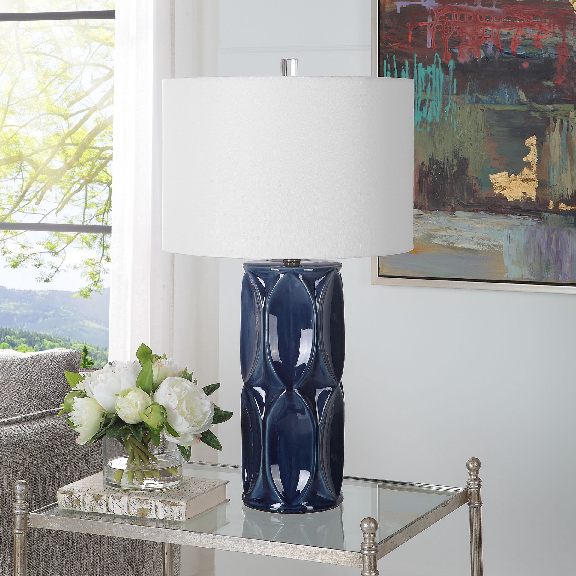 slide 3 of 6, allen + roth 26.5-in Glossy navy blue glaze with brushed nickel LED Rotary socket Table Lamp with Fabric Shade, 1 ct