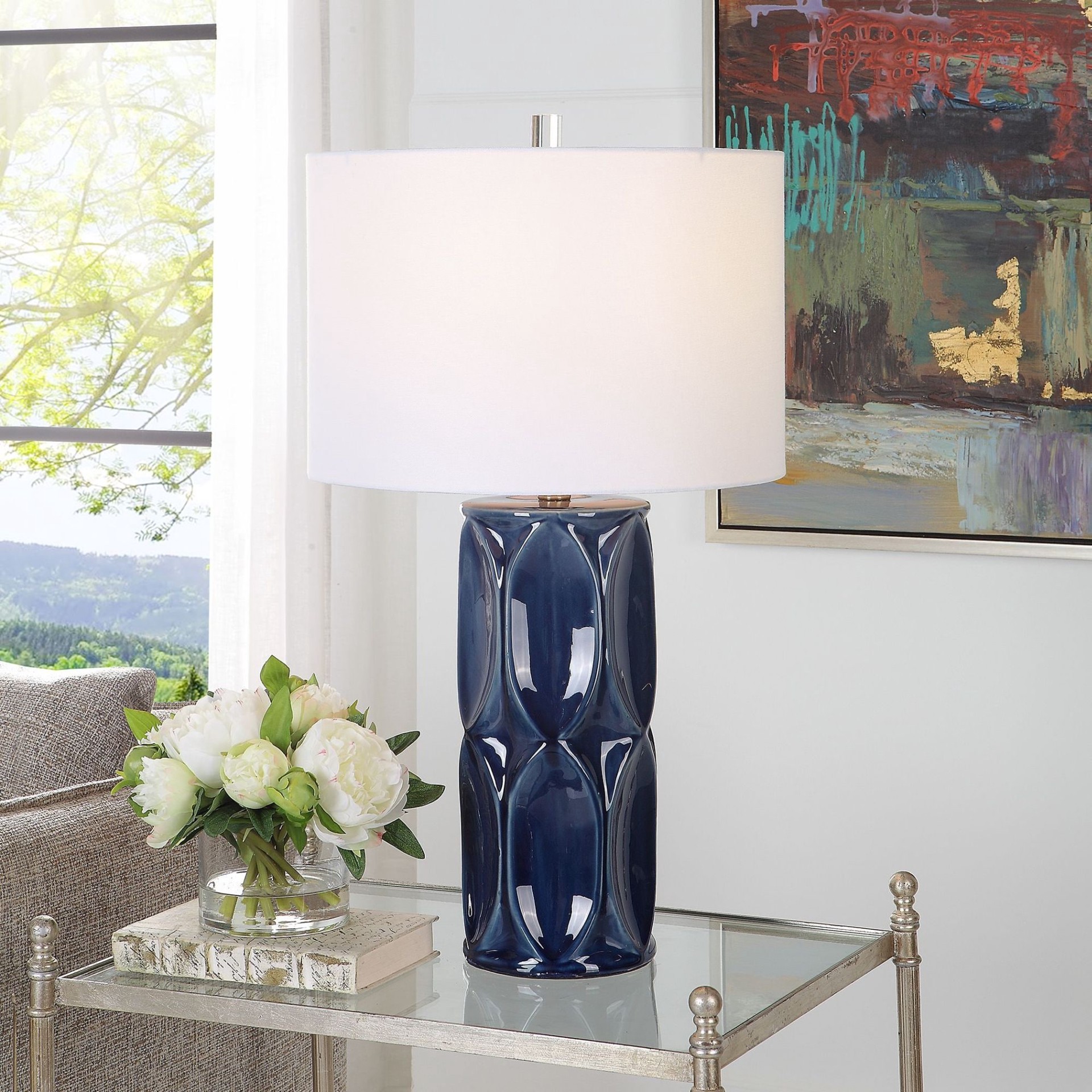 slide 4 of 6, allen + roth 26.5-in Glossy navy blue glaze with brushed nickel LED Rotary socket Table Lamp with Fabric Shade, 1 ct
