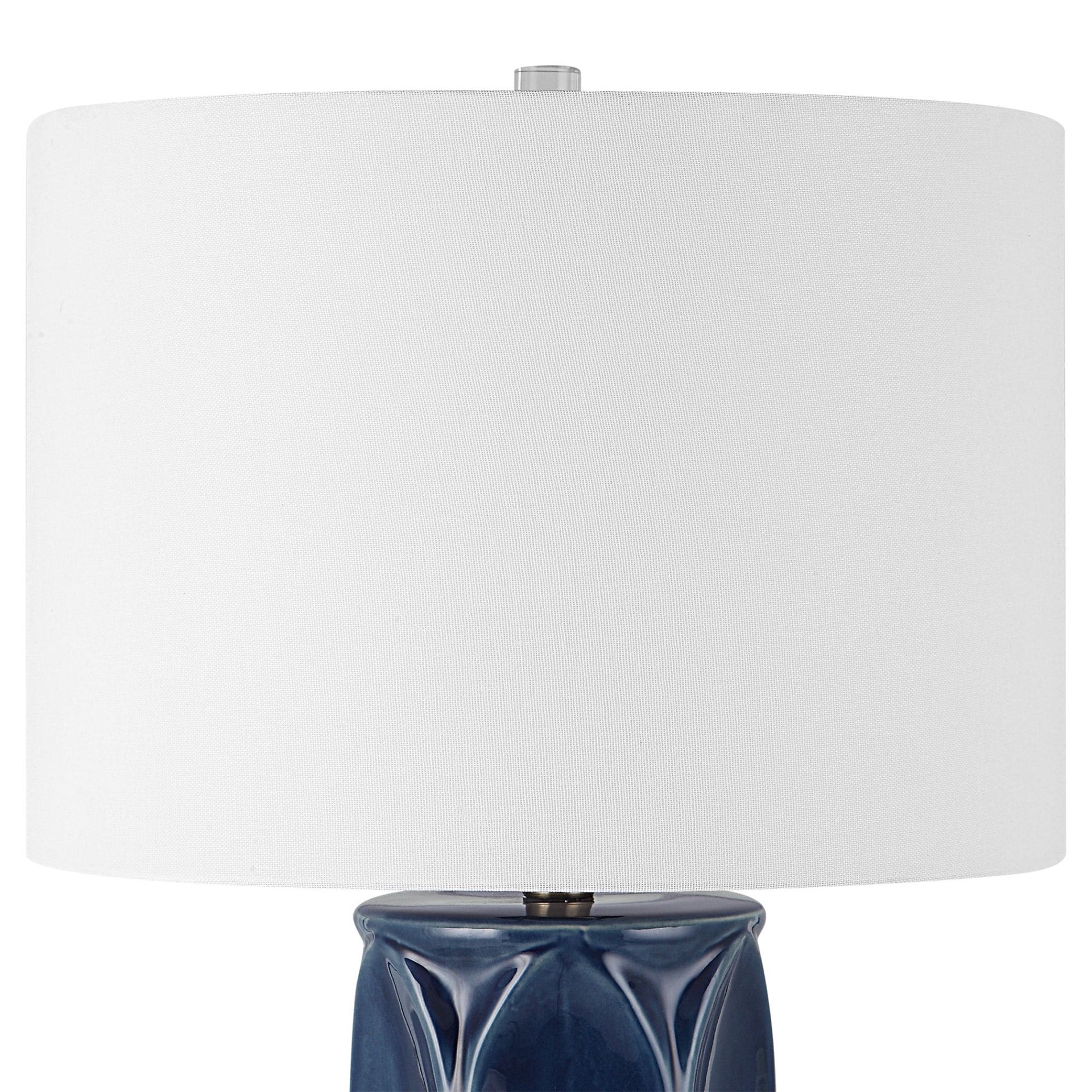slide 6 of 6, allen + roth 26.5-in Glossy navy blue glaze with brushed nickel LED Rotary socket Table Lamp with Fabric Shade, 1 ct