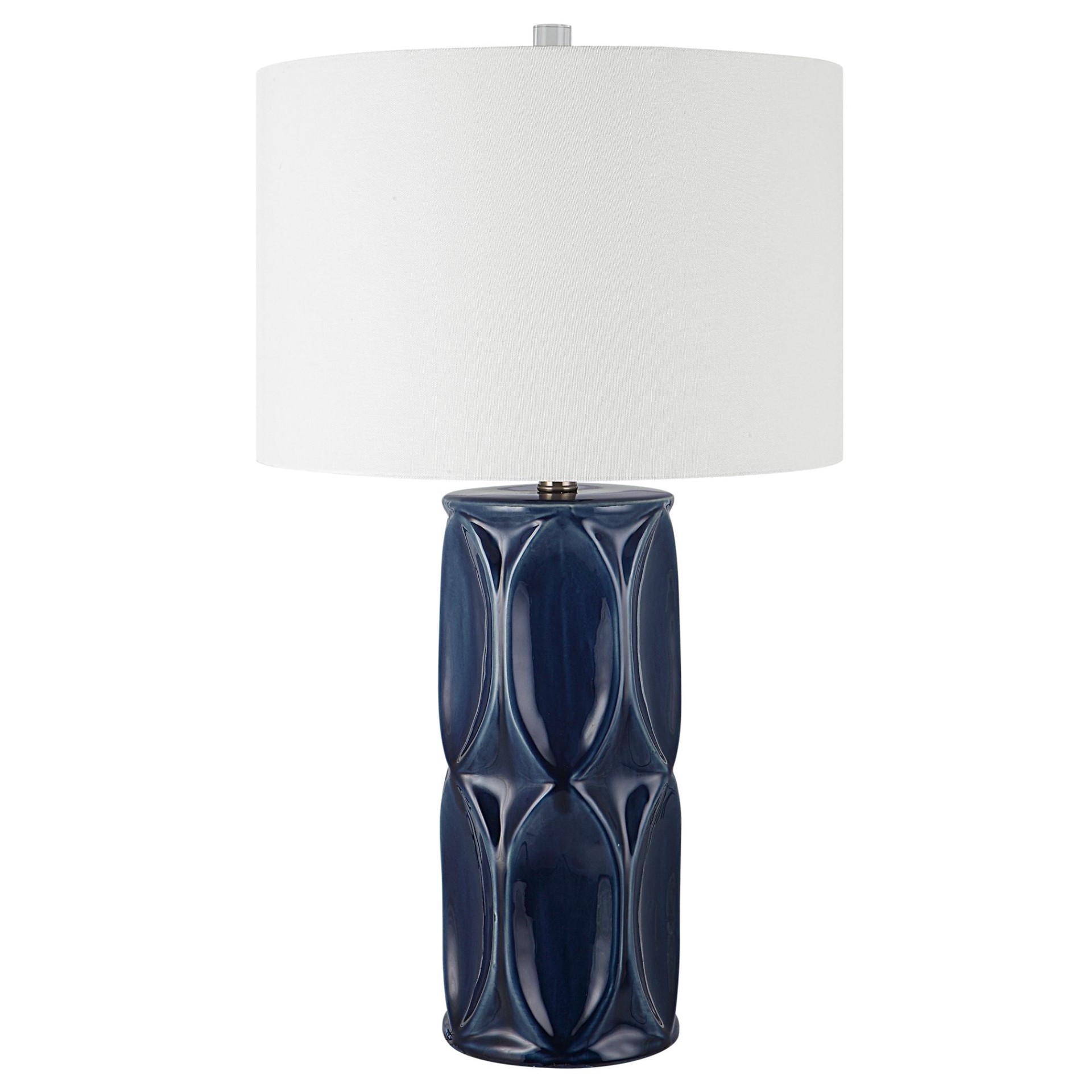 slide 1 of 6, allen + roth 26.5-in Glossy navy blue glaze with brushed nickel LED Rotary socket Table Lamp with Fabric Shade, 1 ct