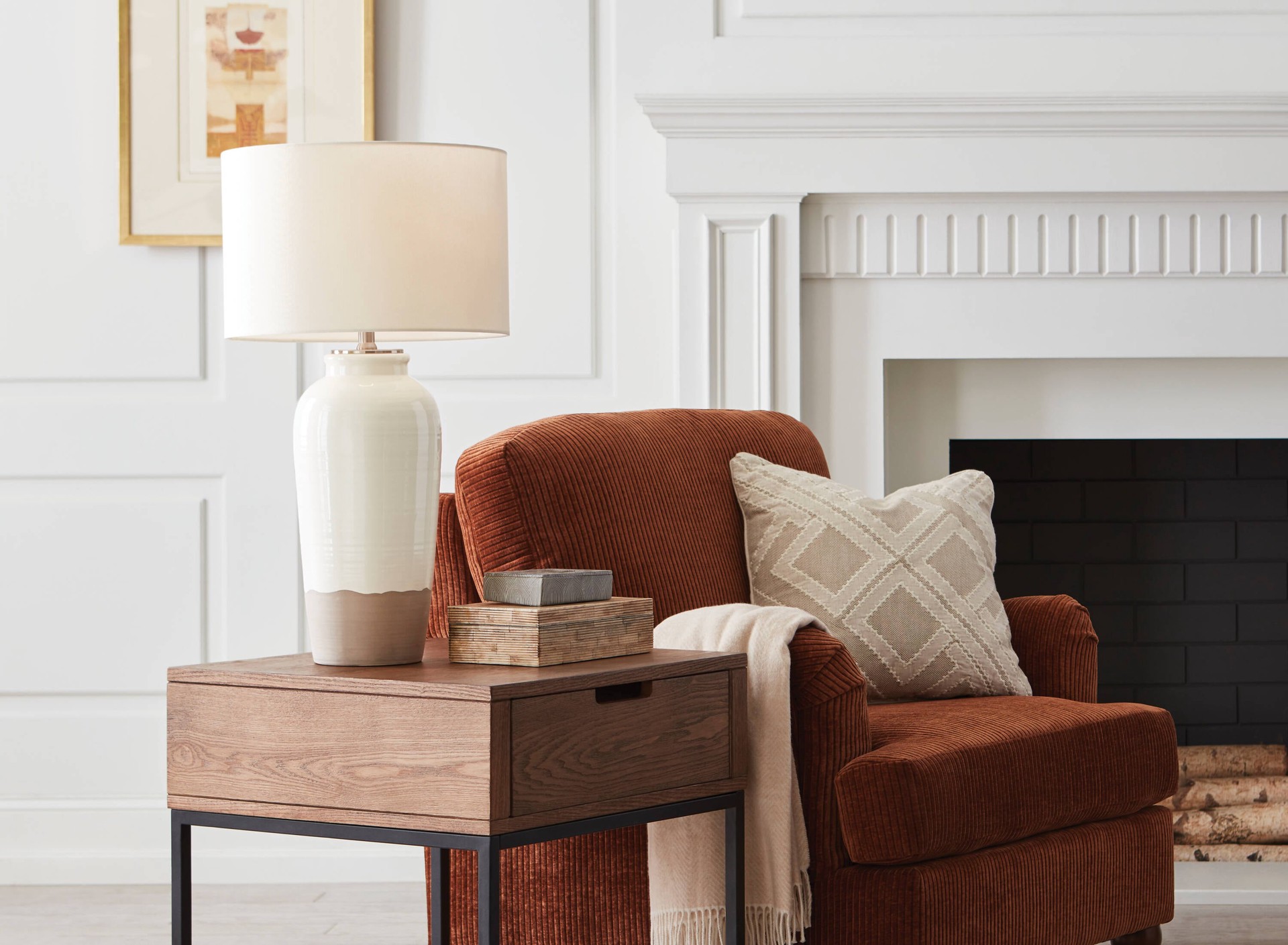 slide 4 of 6, allen + roth 28-in White Glaze LED 3-way Table Lamp with Linen Shade, 1 ct