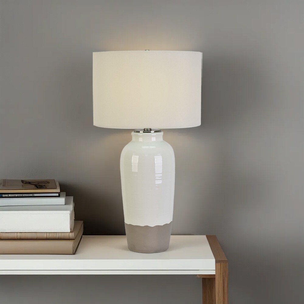 slide 5 of 6, allen + roth 28-in White Glaze LED 3-way Table Lamp with Linen Shade, 1 ct