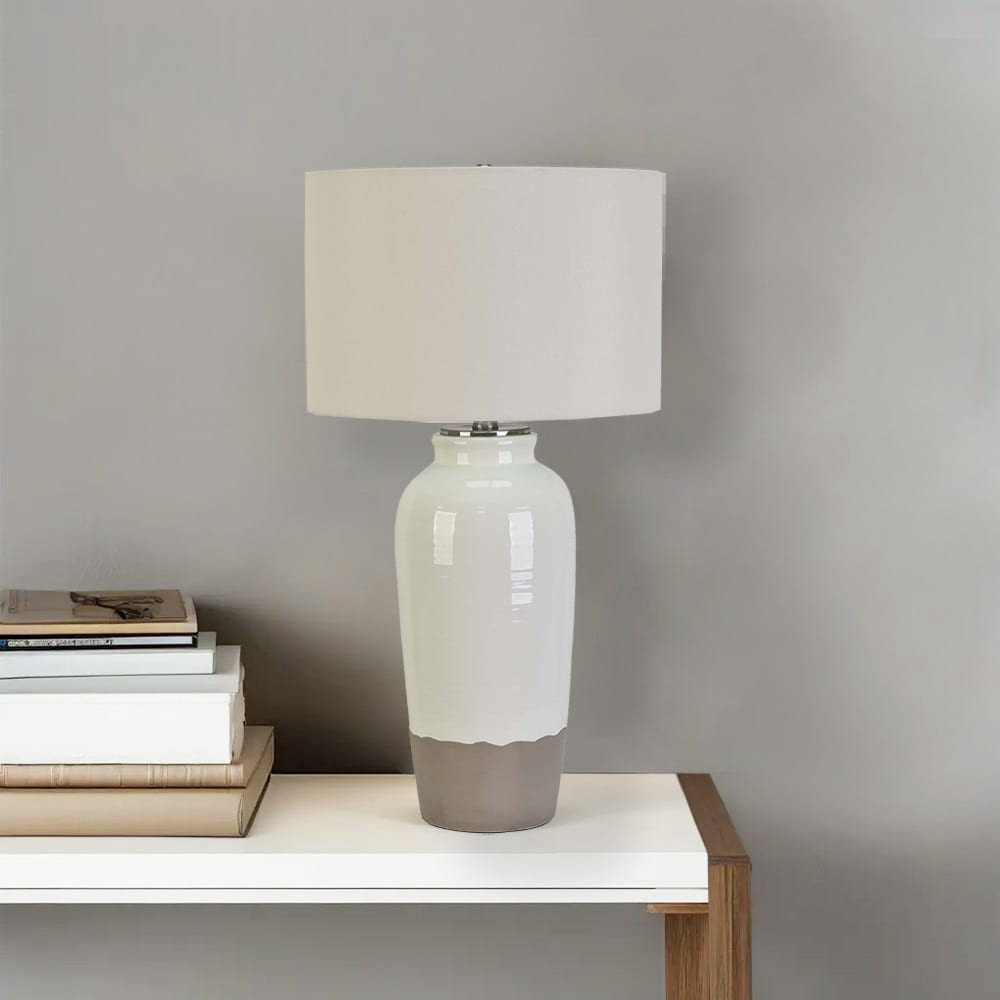slide 6 of 6, allen + roth 28-in White Glaze LED 3-way Table Lamp with Linen Shade, 1 ct