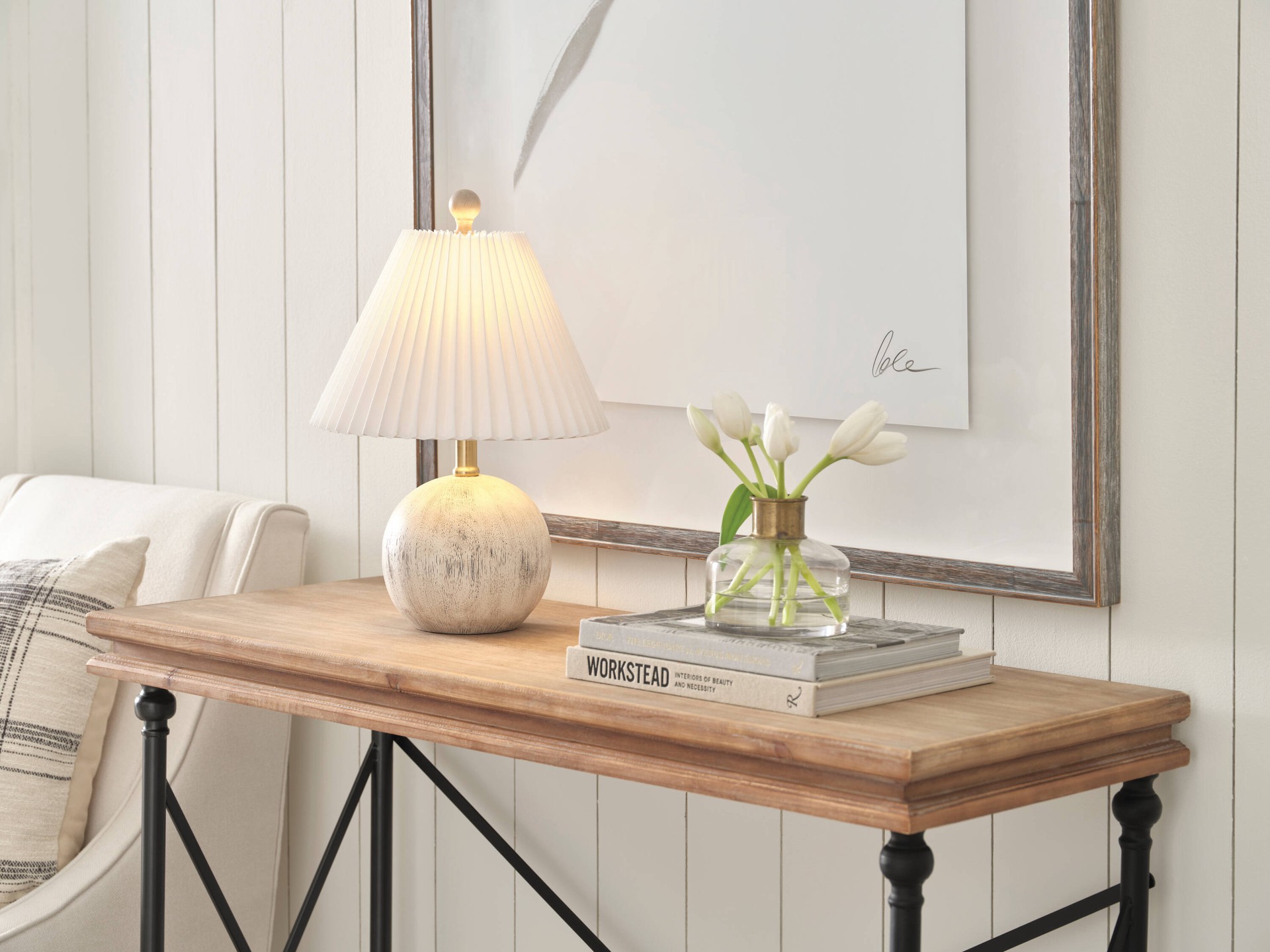 slide 4 of 6, allen + roth 17.25-in White Woodgrain LED Rotary socket Table Lamp with Linen Shade, 1 ct