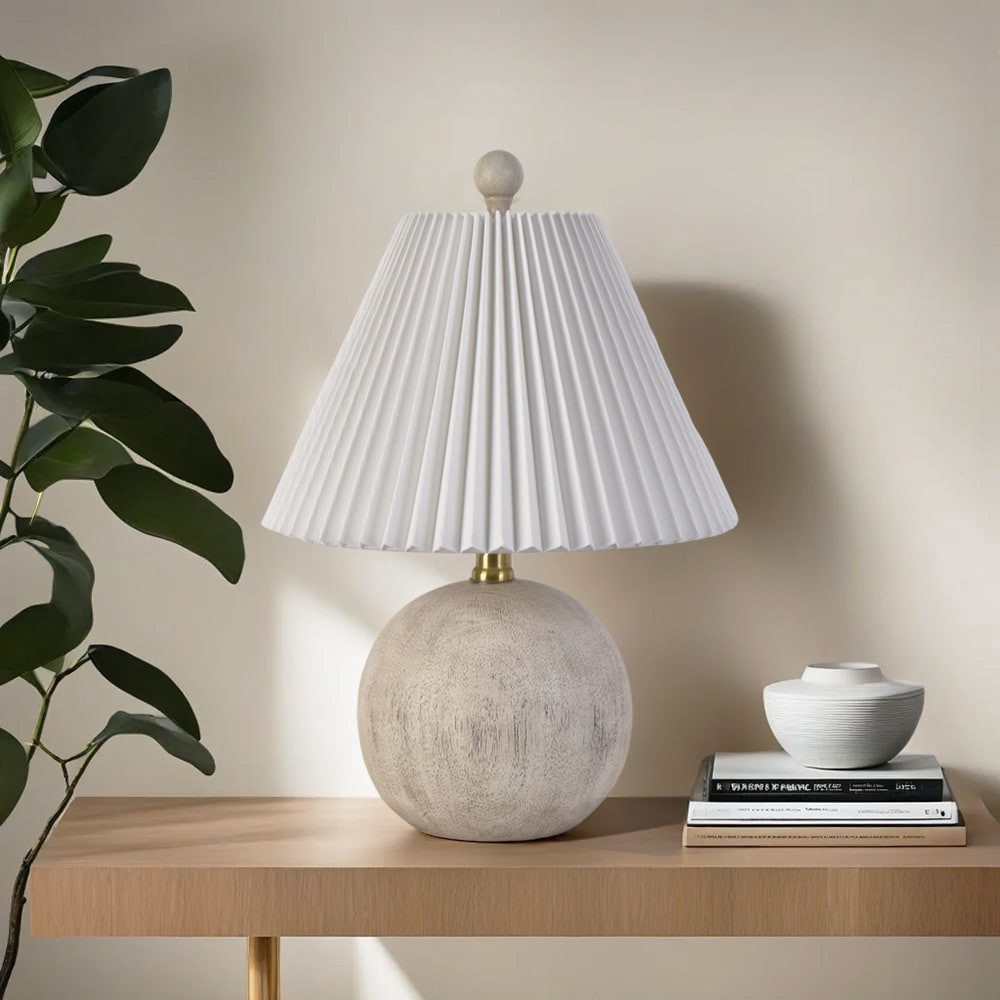 slide 6 of 6, allen + roth 17.25-in White Woodgrain LED Rotary socket Table Lamp with Linen Shade, 1 ct