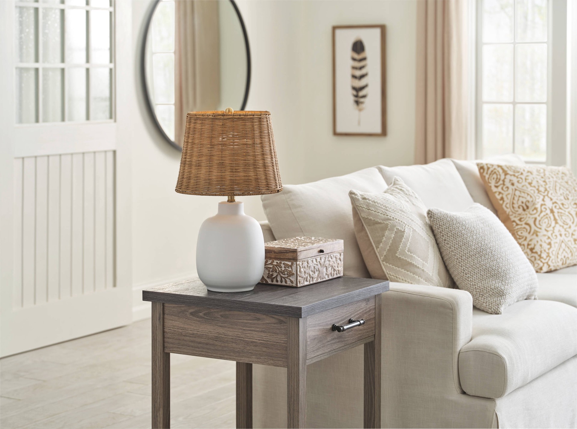 slide 4 of 6, allen + roth 20-in White LED Rotary socket Table Lamp with Rattan Shade, 1 ct