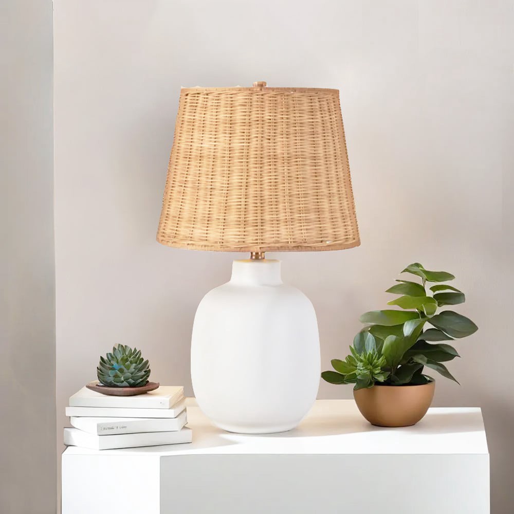 slide 6 of 6, allen + roth 20-in White LED Rotary socket Table Lamp with Rattan Shade, 1 ct