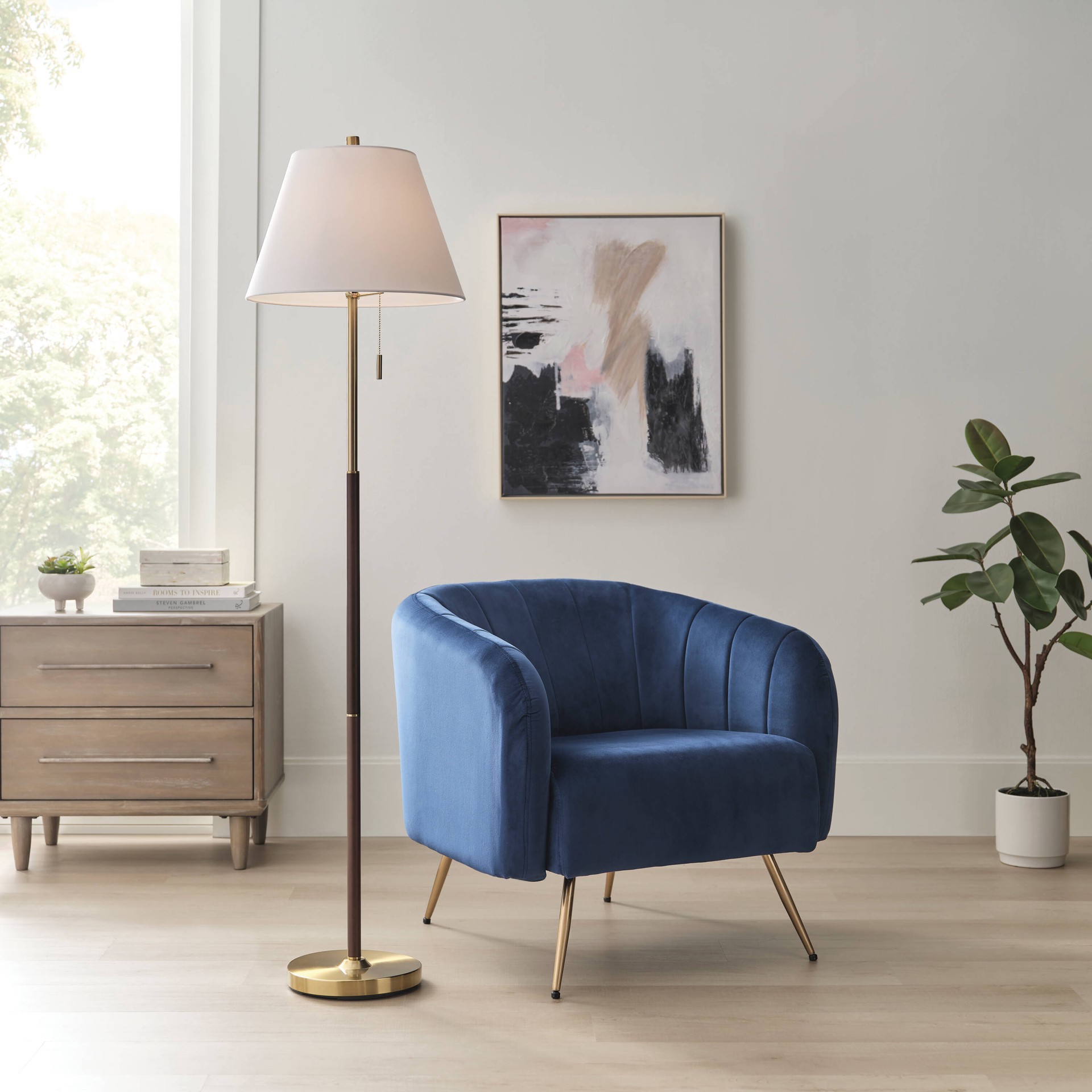 slide 5 of 6, Origin 21 61.5-in Brass Shaded floor lamp Floor Lamp with Linen Shade, 1 ct