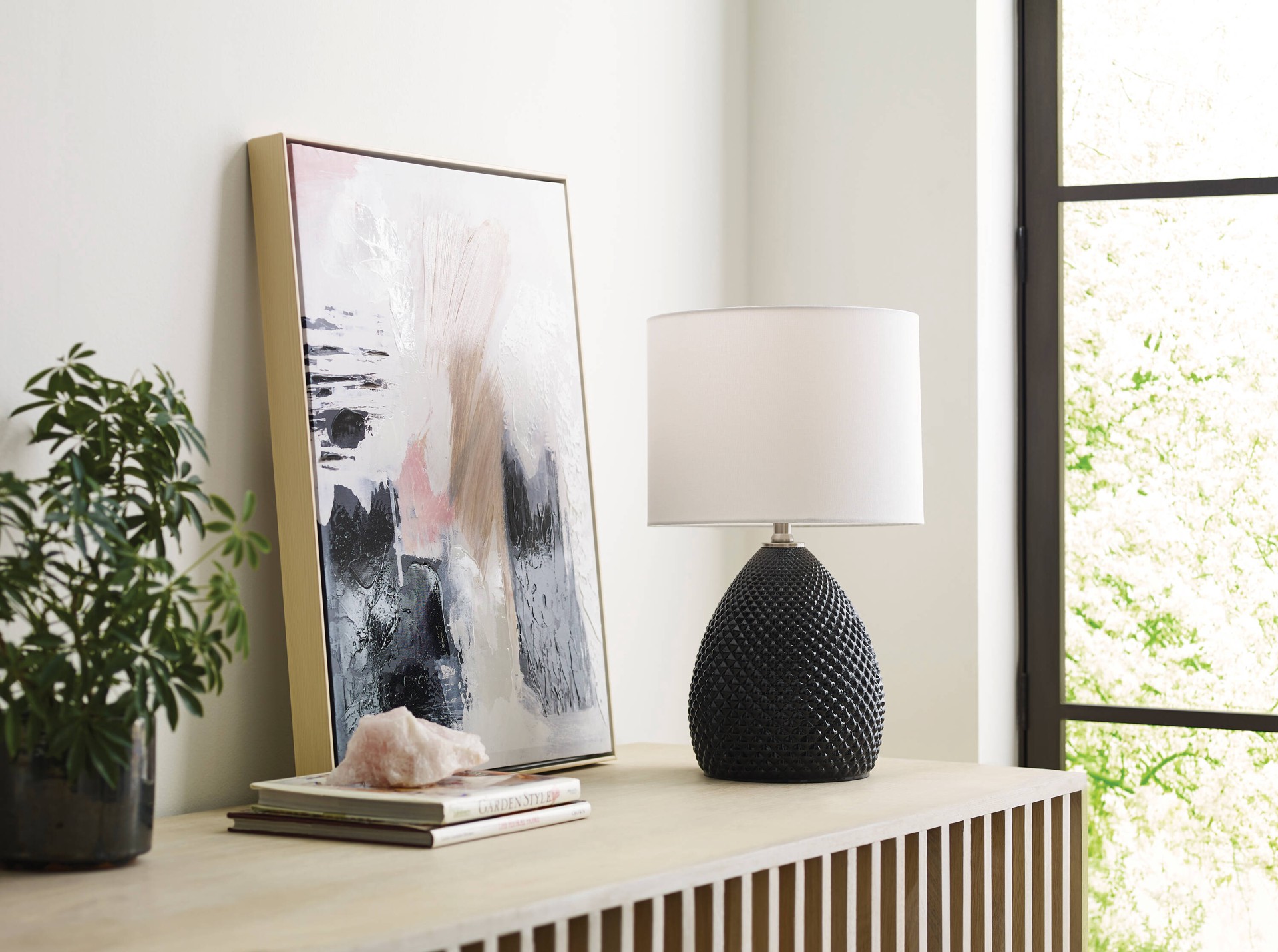 slide 4 of 6, allen + roth 22-in Black LED 3-way Table Lamp with Linen Shade, 1 ct