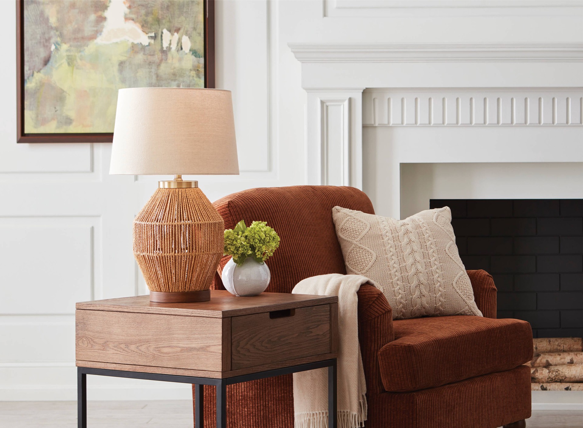 slide 4 of 6, allen + roth 25-in Natural Paper Rope LED 3-way Table Lamp with Linen Shade, 1 ct