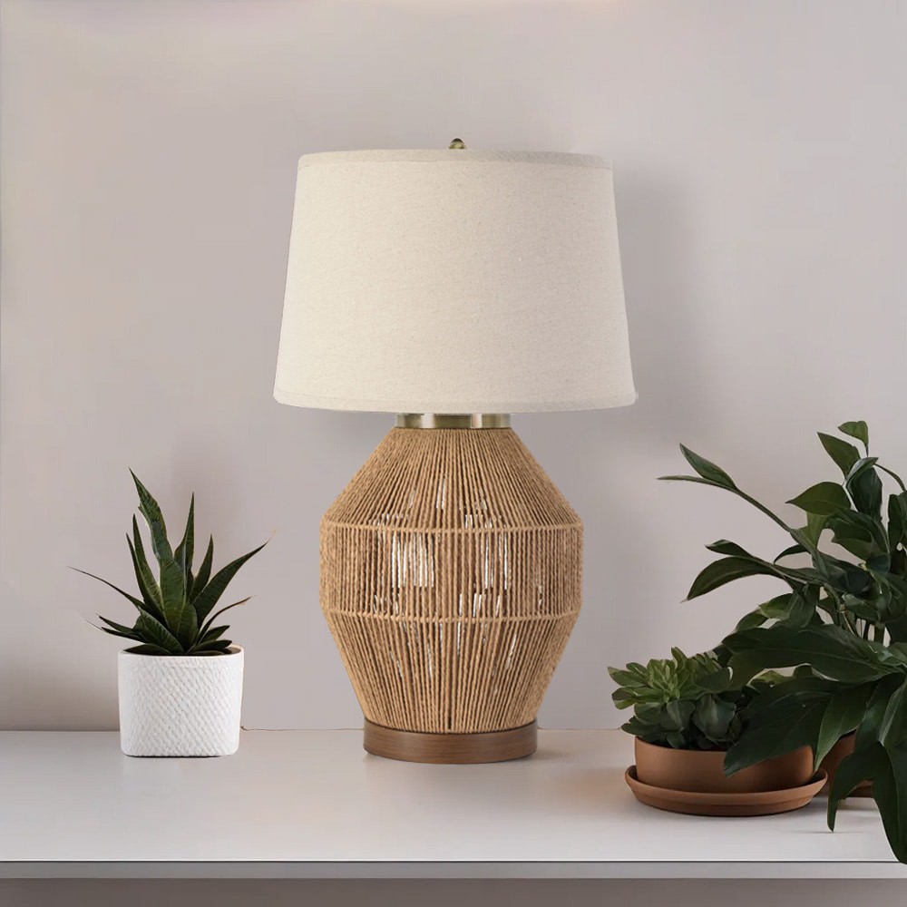 slide 5 of 6, allen + roth 25-in Natural Paper Rope LED 3-way Table Lamp with Linen Shade, 1 ct