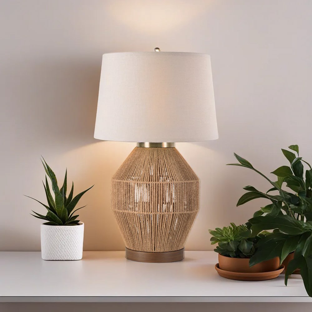 slide 6 of 6, allen + roth 25-in Natural Paper Rope LED 3-way Table Lamp with Linen Shade, 1 ct