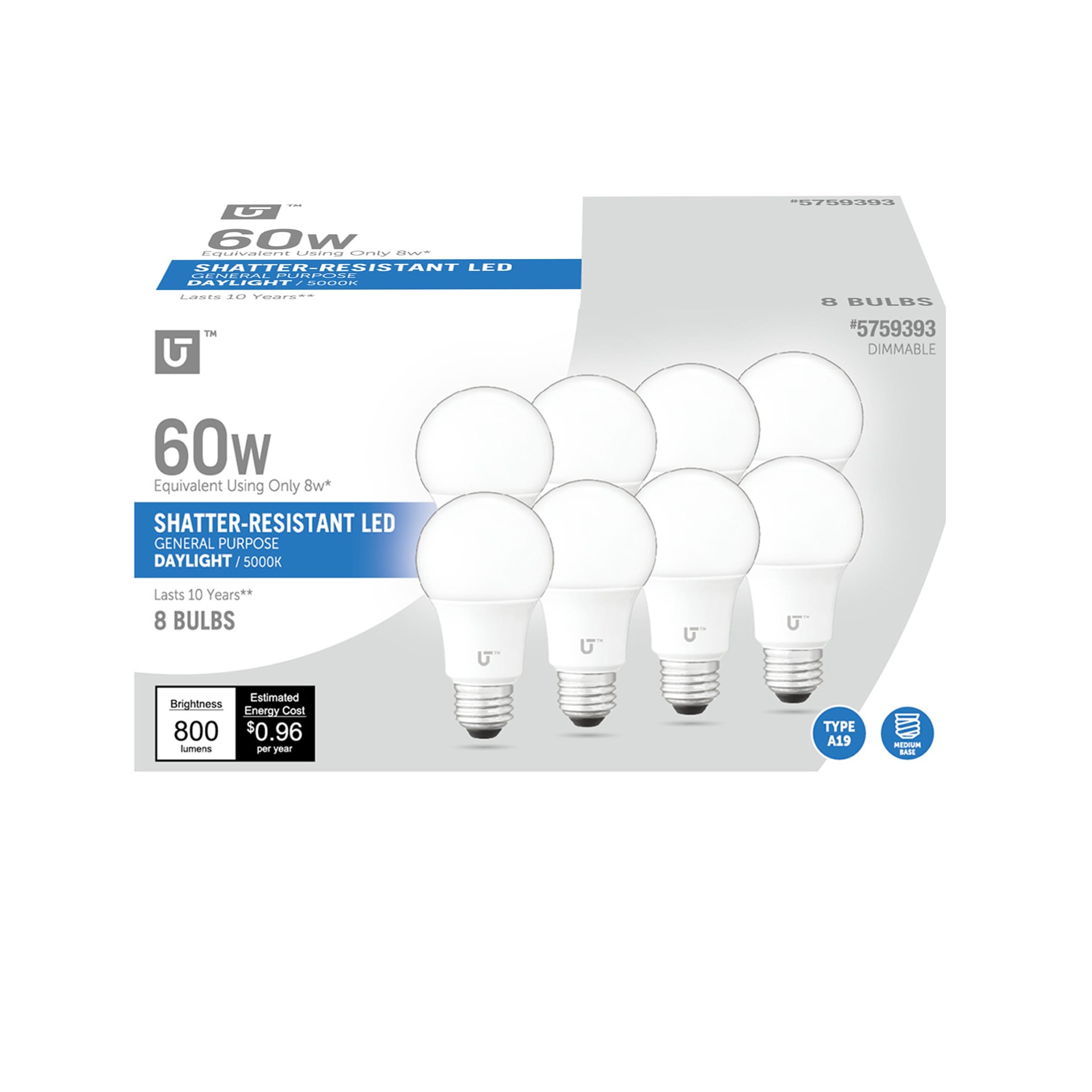 slide 1 of 6, Utilitech 60 -Watt EQ A19 Daylight Medium base (E-26) Dimmable LED General purpose Light Bulb 8 -Pack, 1 ct