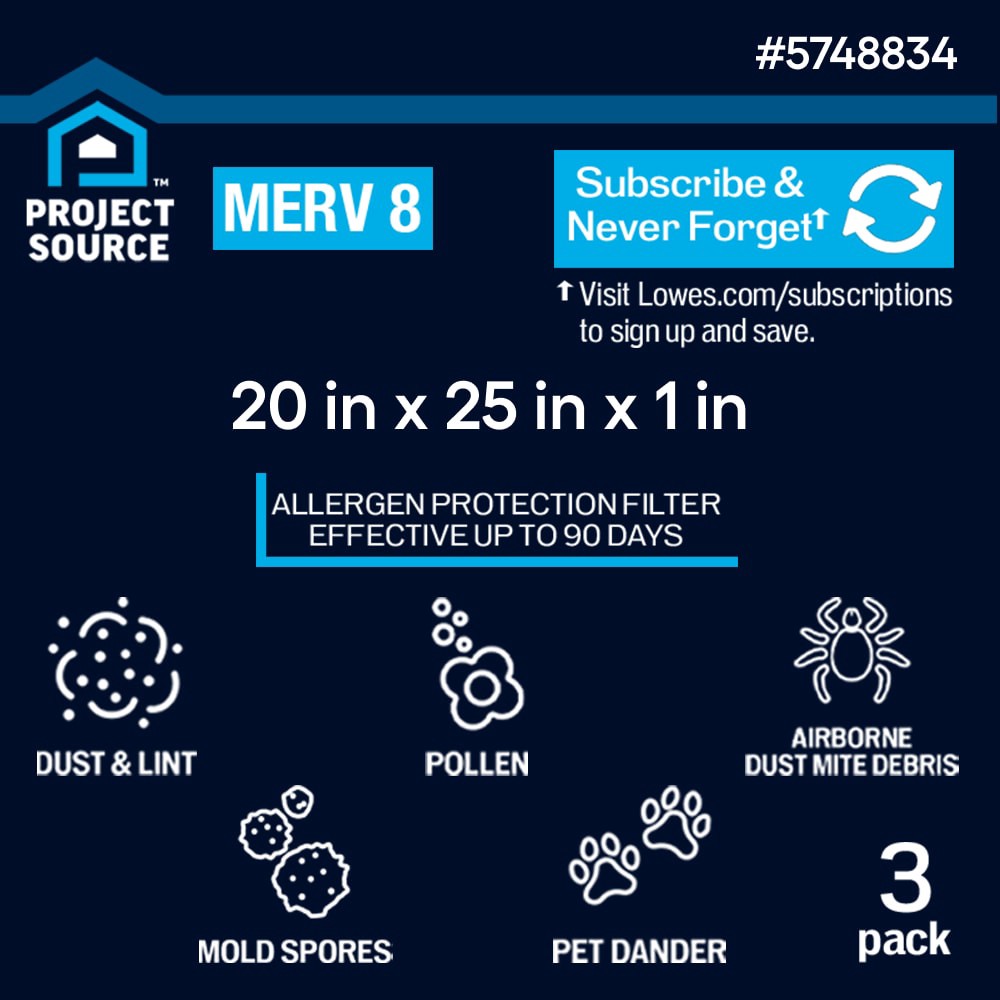 slide 2 of 6, Project Source 20 x 25 x 1 MERV 8 Electrostatic pleated Air Filter 3 -Pack, 1 ct