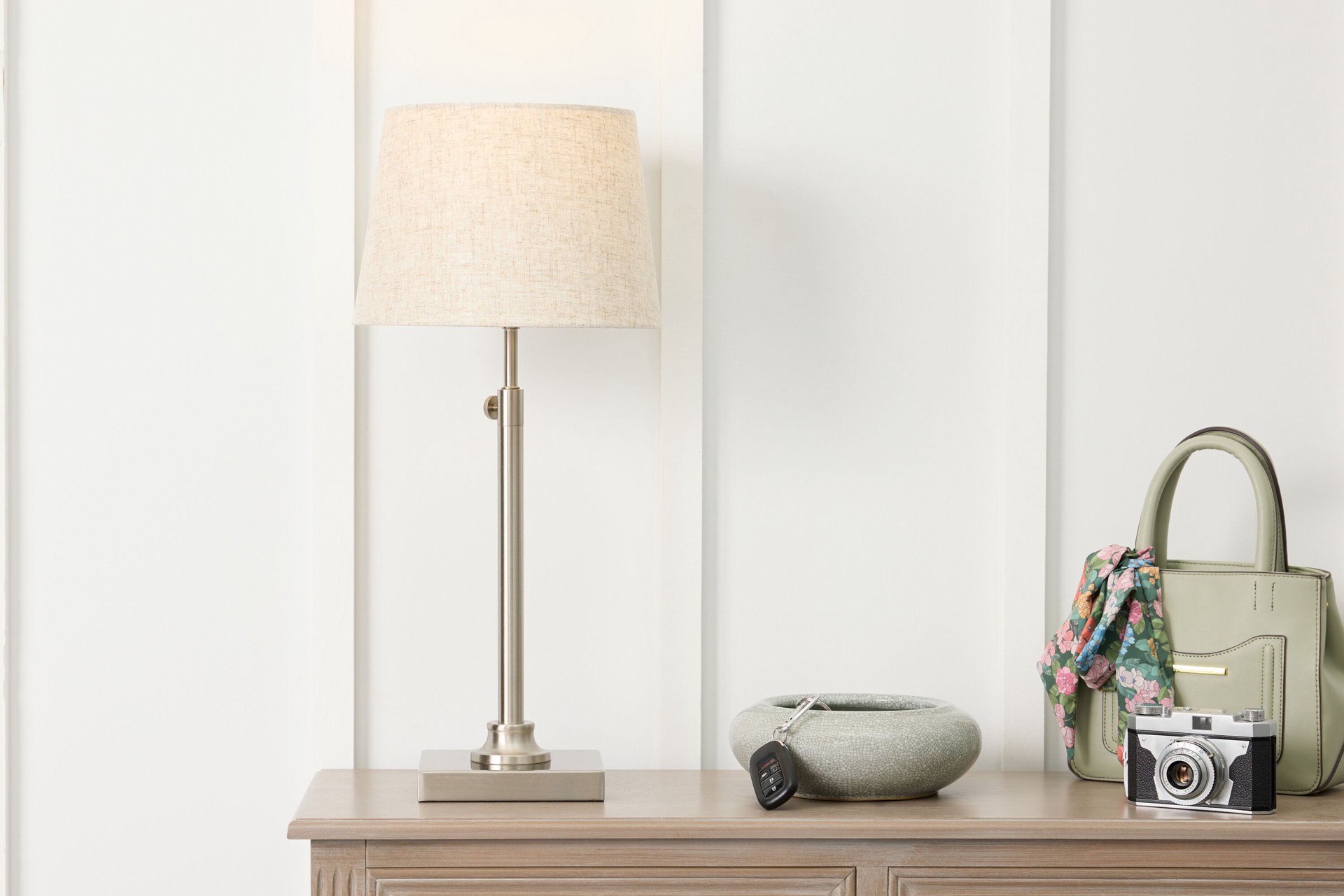 slide 3 of 6, allen + roth 21.5-in Brushed Nickel Plug-in 3-way Metal Stick Lamp Base, 1 ct