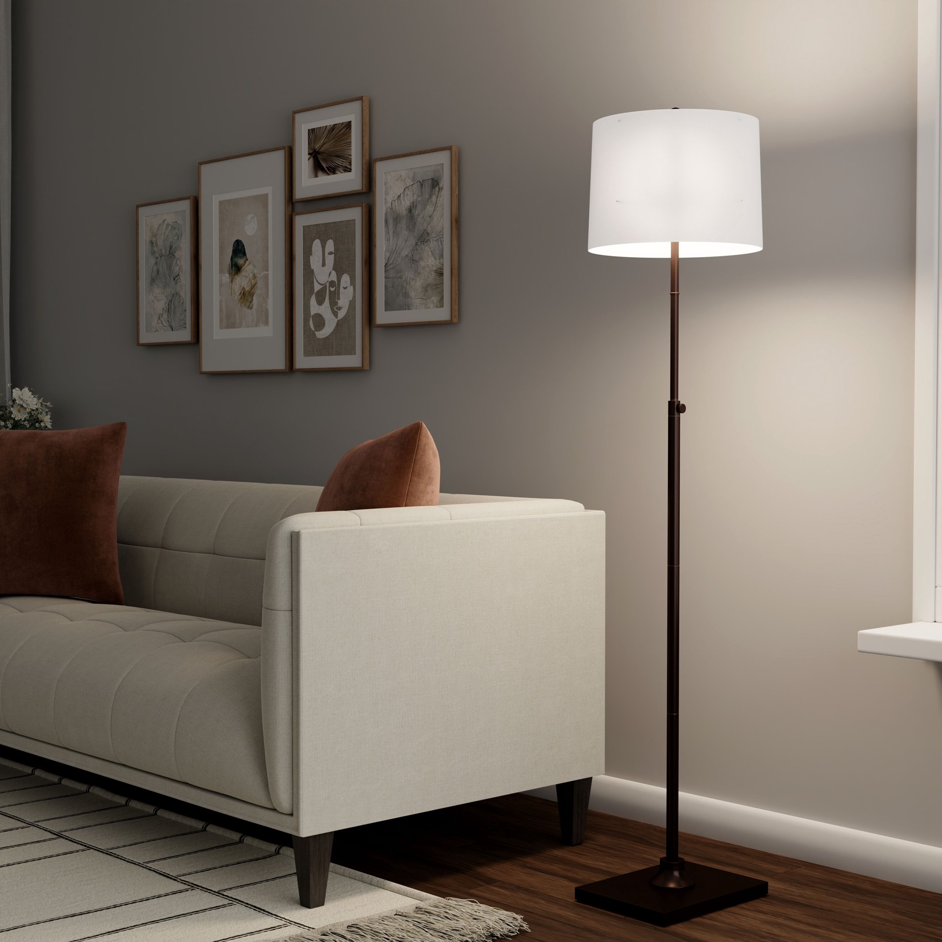 slide 4 of 6, allen + roth 63-in Oil Rubbed Bronze Standard Floor Lamp with Linen Shade, 1 ct