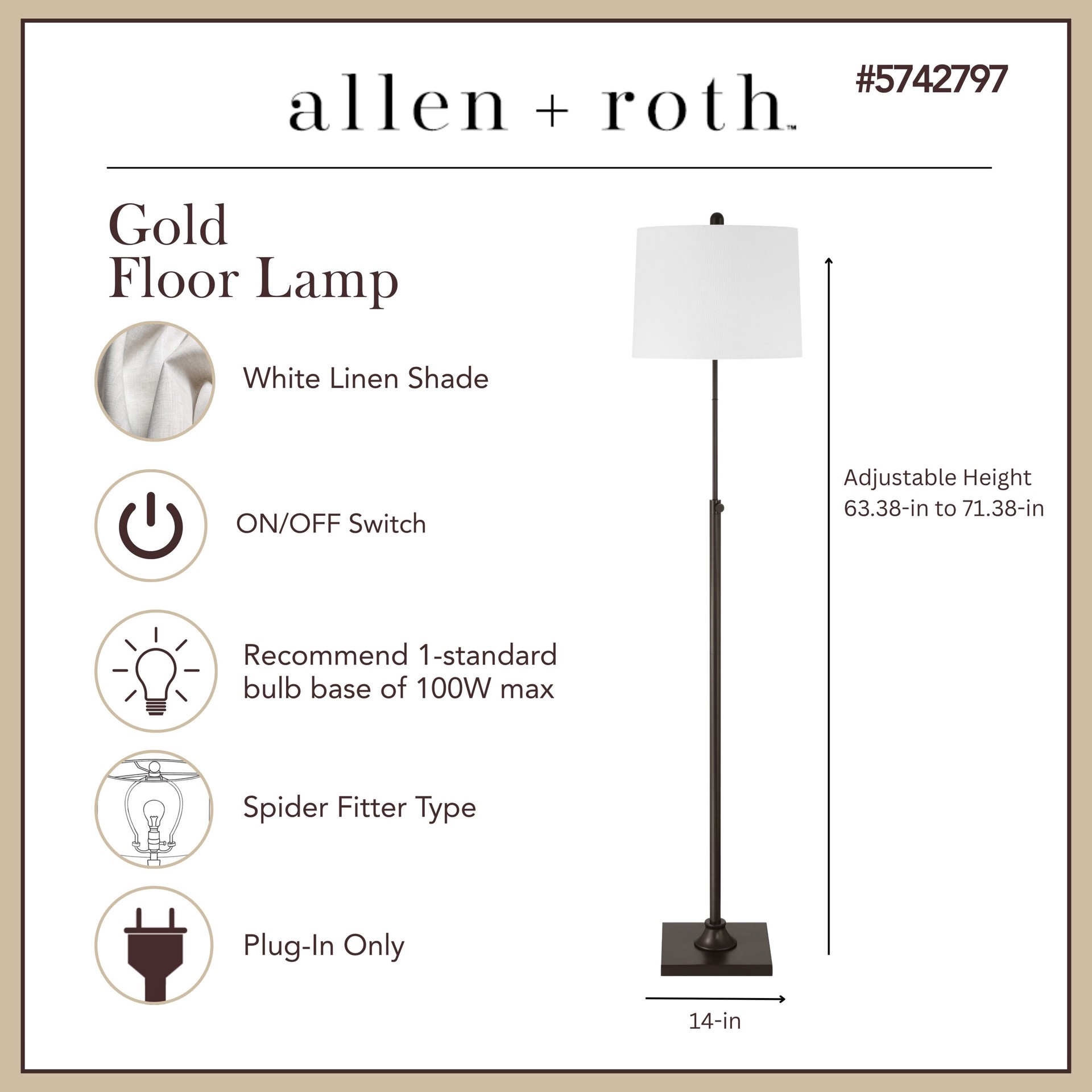 slide 3 of 6, allen + roth 63-in Oil Rubbed Bronze Standard Floor Lamp with Linen Shade, 1 ct