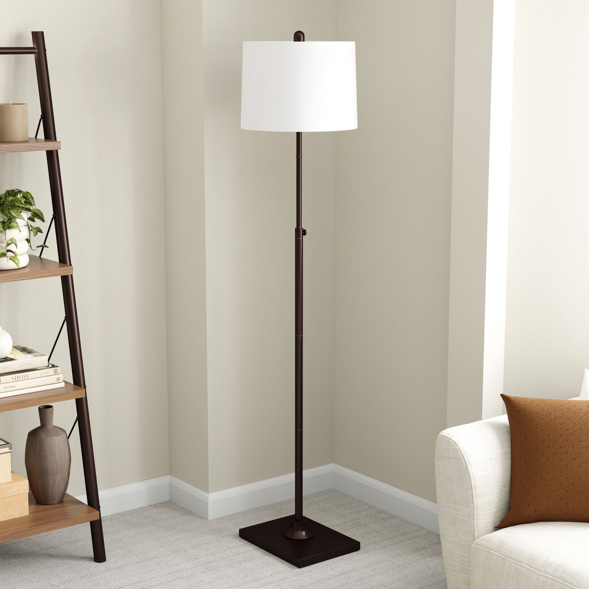 slide 1 of 6, allen + roth 63-in Oil Rubbed Bronze Standard Floor Lamp with Linen Shade, 1 ct