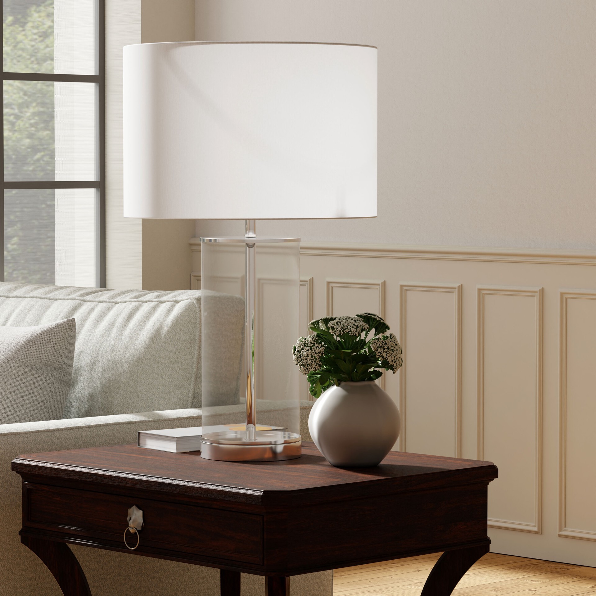slide 4 of 6, allen + roth 24-in Brushed Nickel On/Off switch Table Lamp with Linen Shade, 1 ct