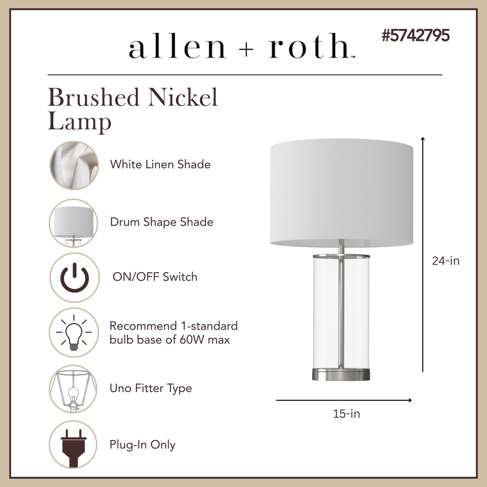 slide 3 of 6, allen + roth 24-in Brushed Nickel On/Off switch Table Lamp with Linen Shade, 1 ct