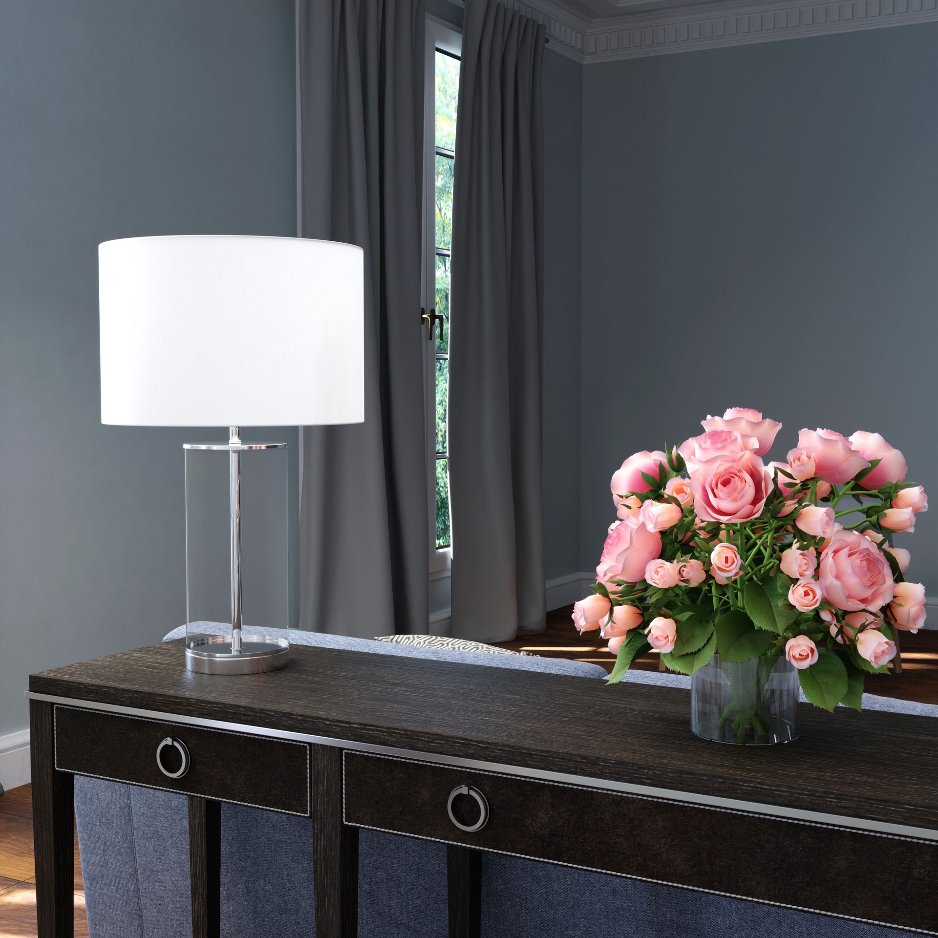 slide 5 of 6, allen + roth 24-in Brushed Nickel On/Off switch Table Lamp with Linen Shade, 1 ct