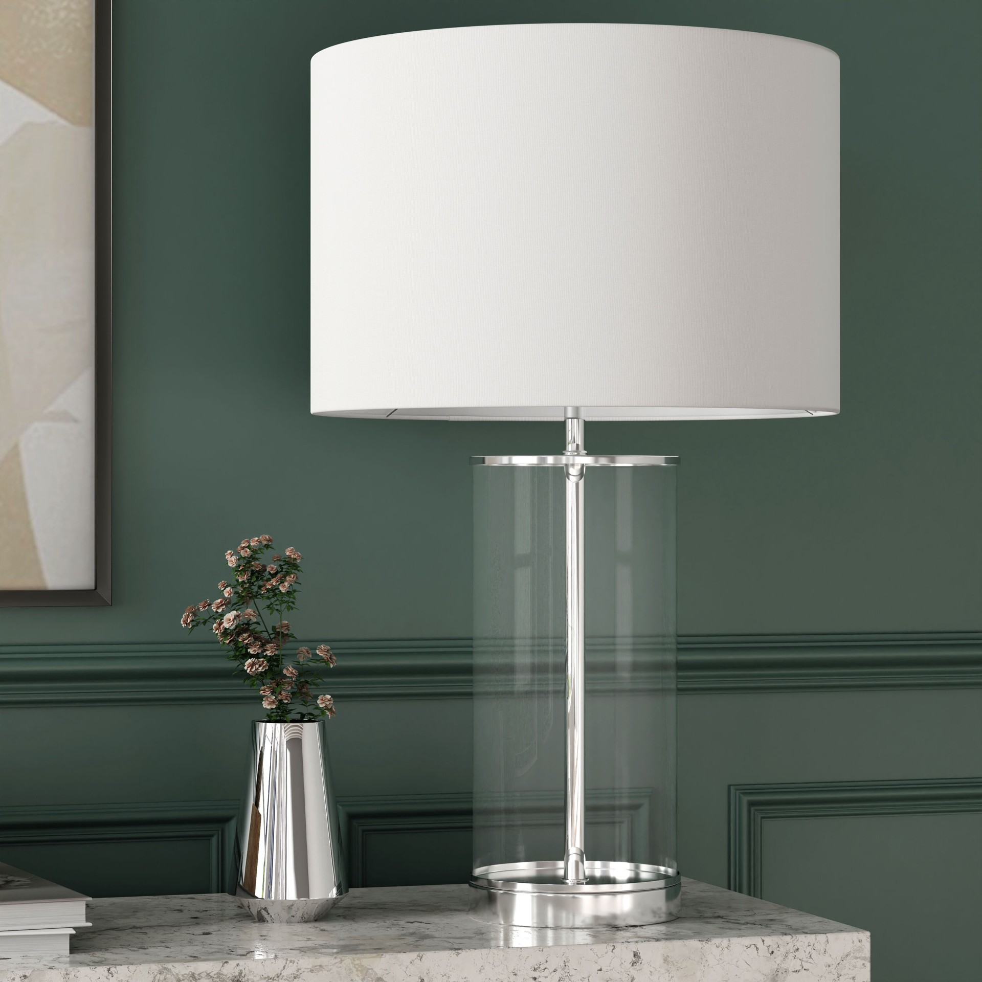 slide 1 of 6, allen + roth 24-in Brushed Nickel On/Off switch Table Lamp with Linen Shade, 1 ct