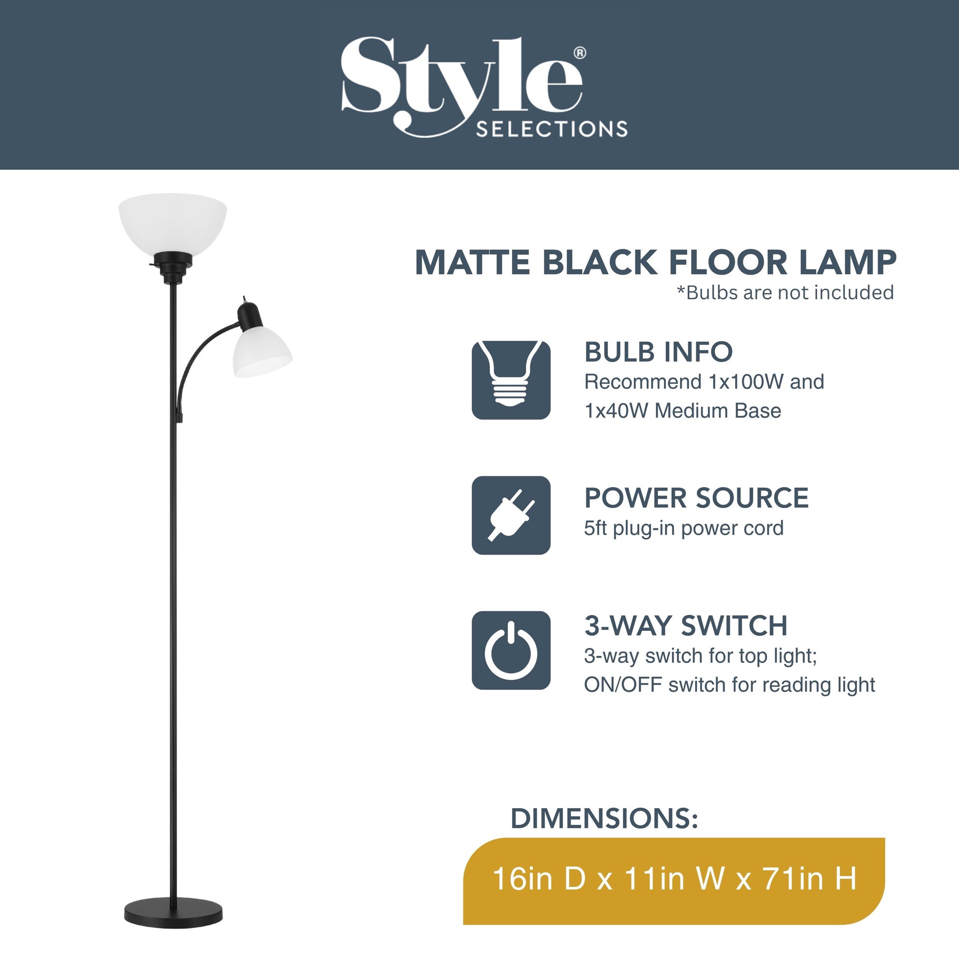 slide 3 of 6, Style Selections 71-in Matte Black Torchiere with side-light Floor Lamp with Plastic Shade, 1 ct