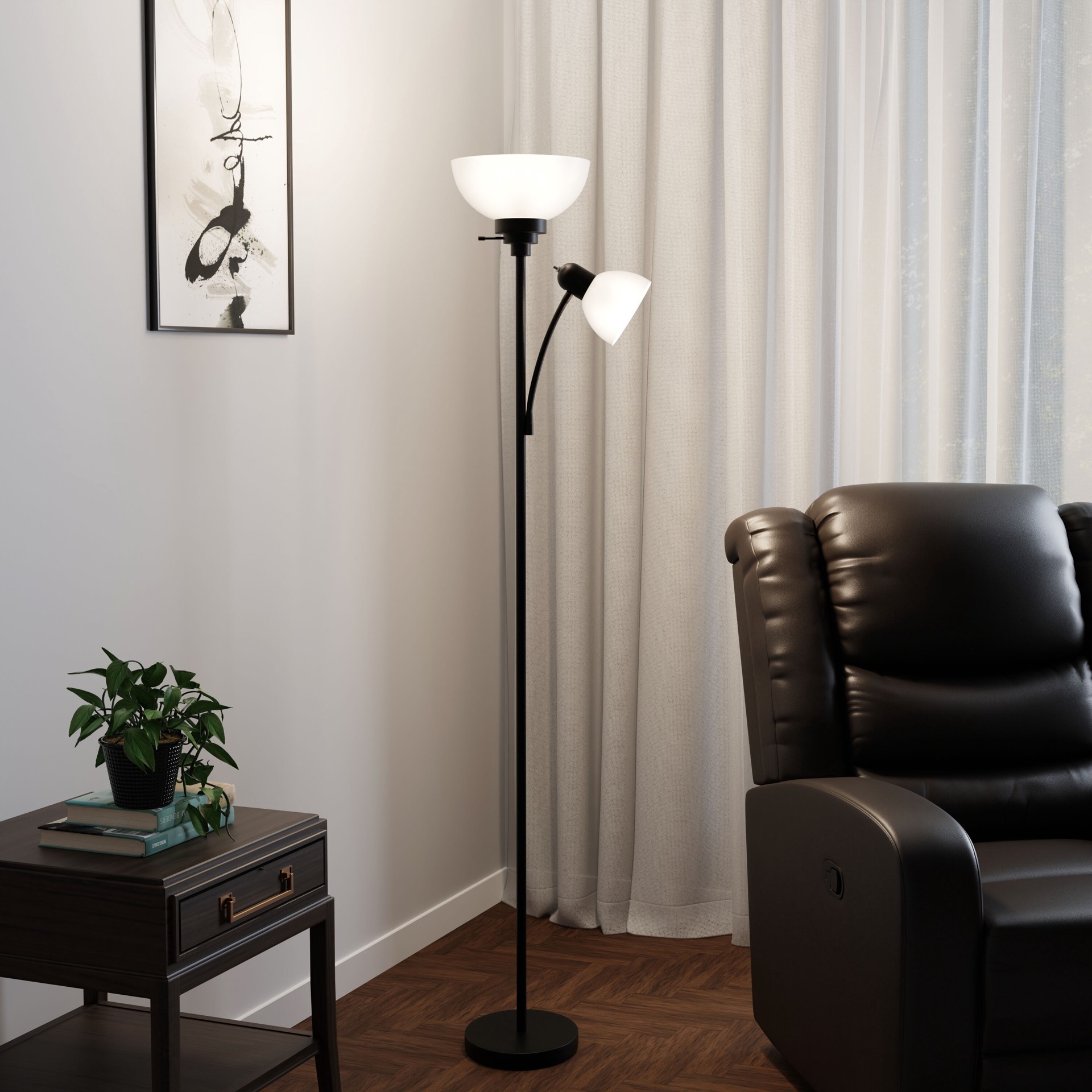 slide 4 of 6, Style Selections 71-in Matte Black Torchiere with side-light Floor Lamp with Plastic Shade, 1 ct